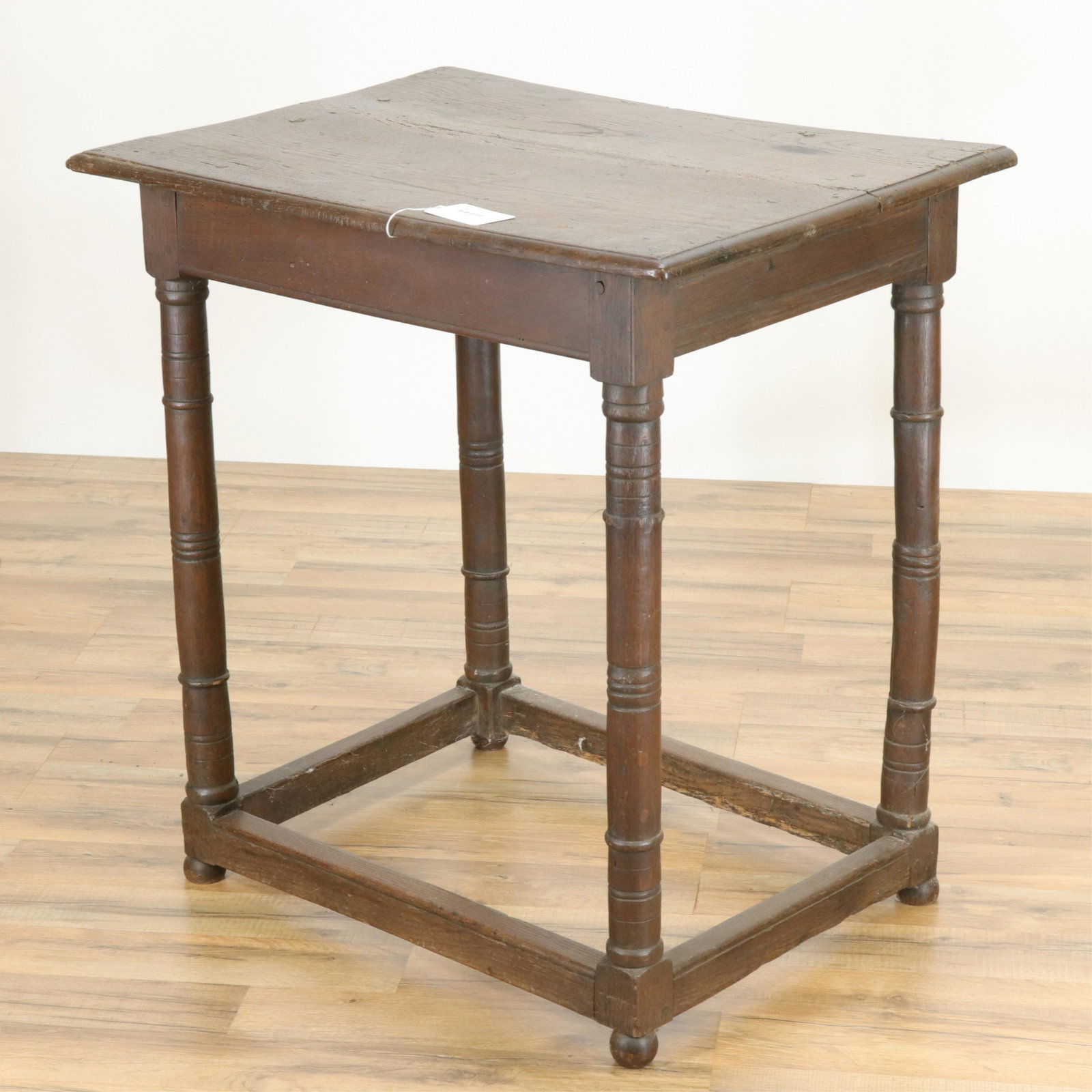 English Baroque Side Table: English Baroque Side Table, oak, box stretcher (RIJO2482)(WT) Dimensions: 29 1/4" H x 28" W x 20 1/2" D Property From the Estate of Richard I Johnson (1925-2020), Chestnut Hill, Massachusetts. Mr. Joh