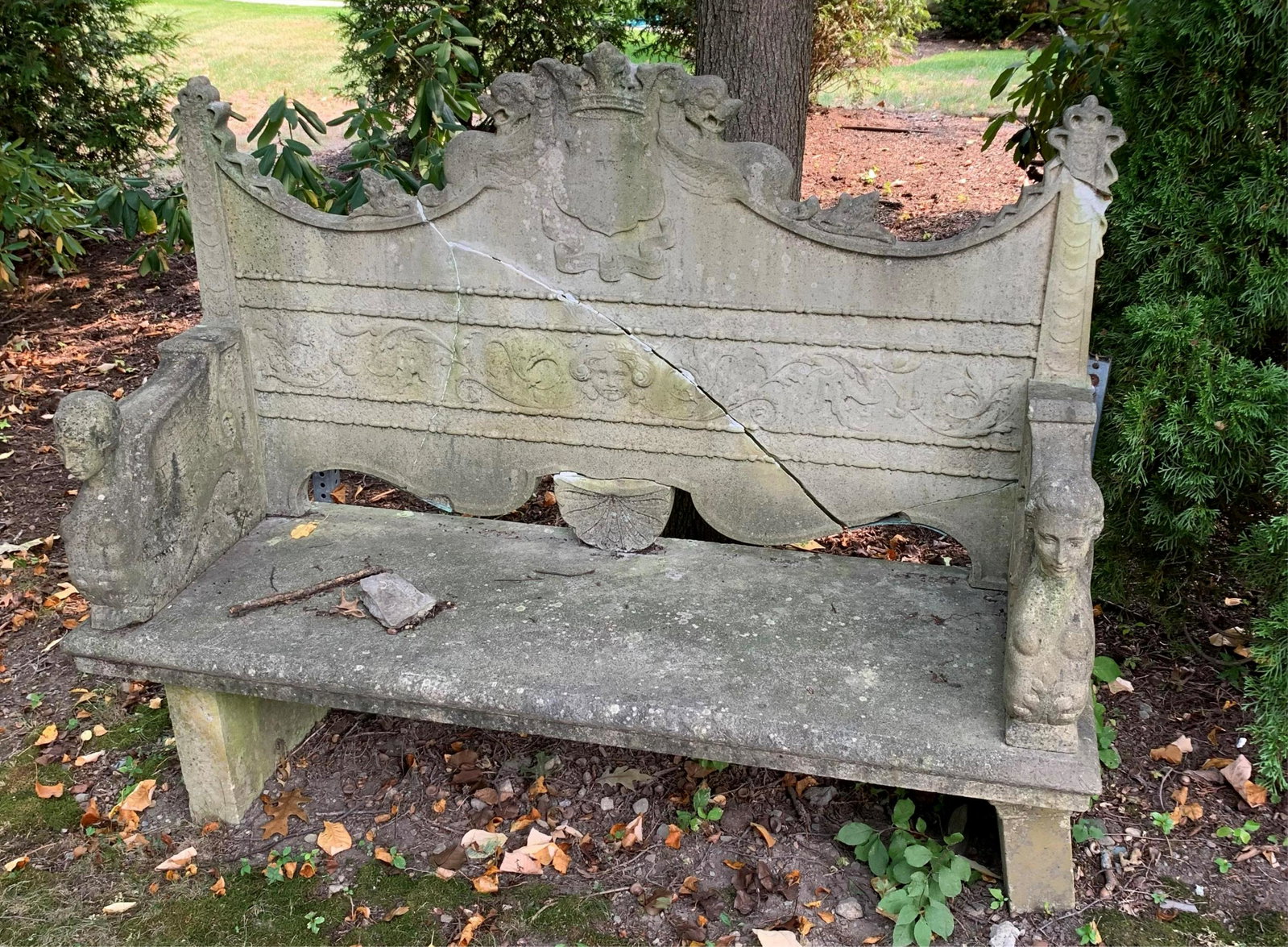 Renaissance Revival Carved Marble Garden Bench: Renaissance Revival Carved Marble Garden Bench, 19th C. (RIJO815)(MS) Dimensions: 55" H x 68 3/4" W x 23 3/4" D Property From the Estate of Richard I Johnson (1925-2020), Chestnut Hill, Massachusetts.