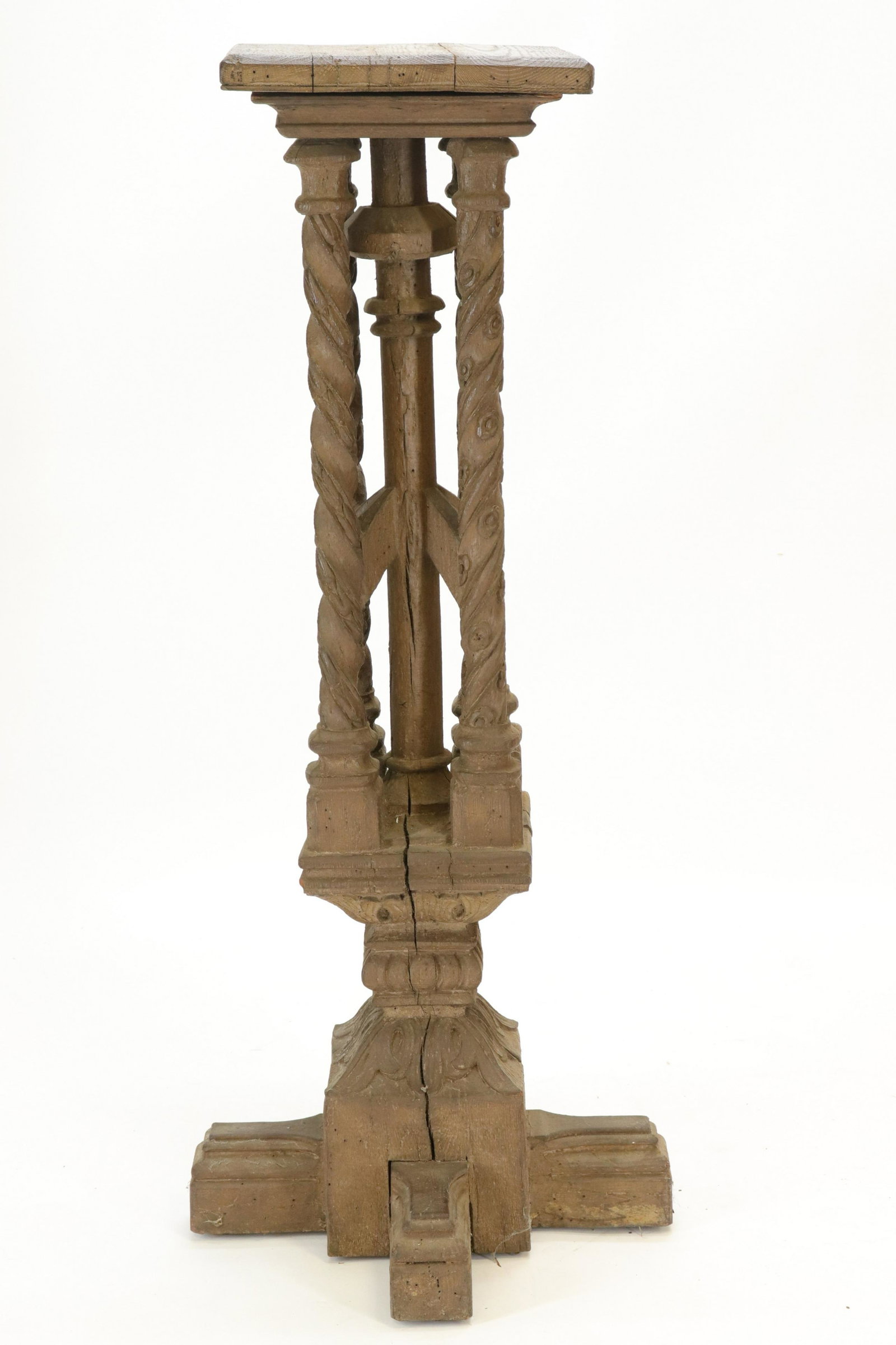 Gothic Style Urn Stand: Gothic Style Urn Stand, oak, 4-twist turned columns (RIJO2492)(WT) Dimensions: 53 1/2" H x 23 1/2" sq. Property From the Estate of Richard I Johnson (1925-2020), Chestnut Hill, Massachusetts. Mr. John