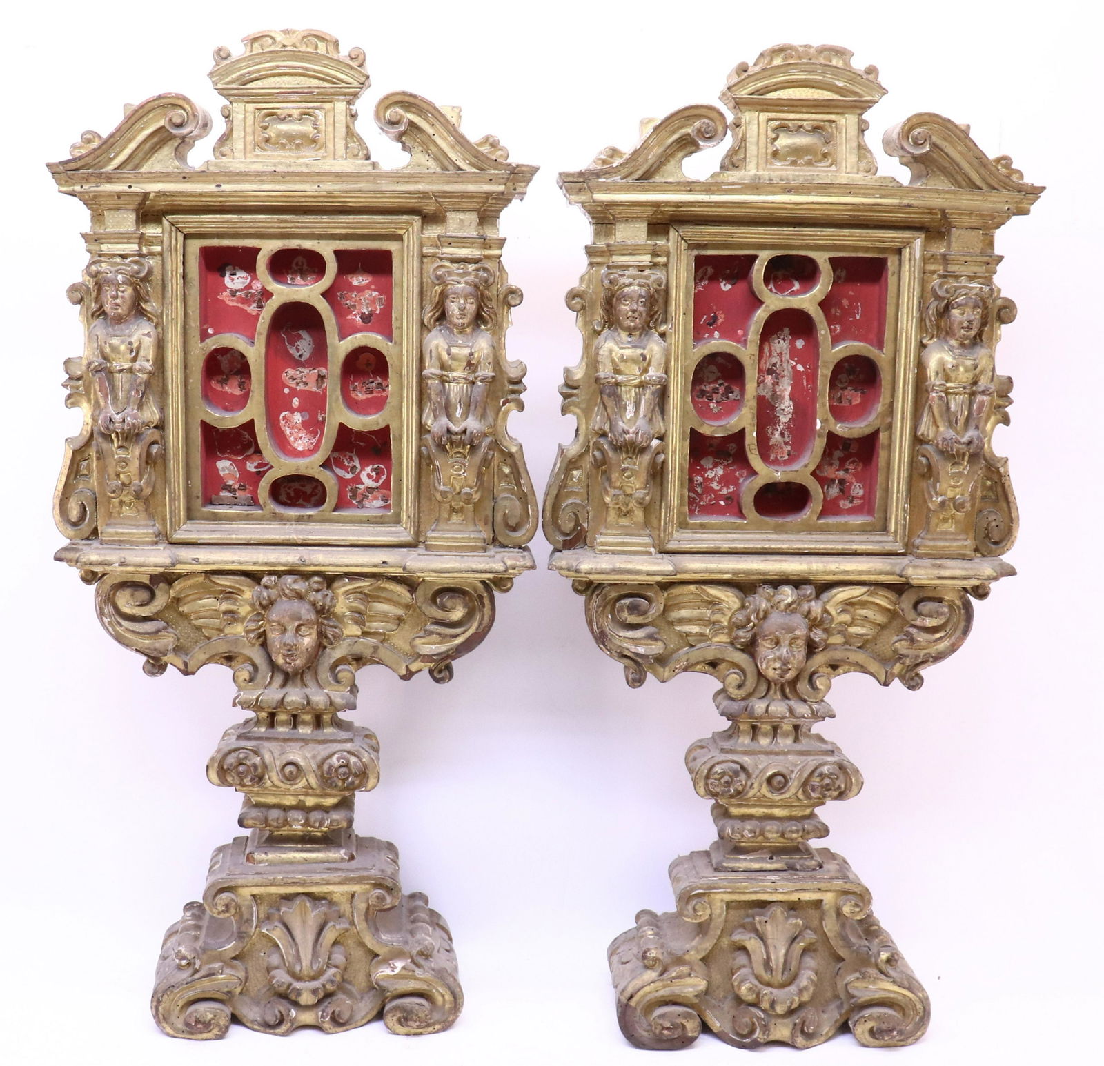 Pr Italian Baroque Reliquary Cabinets, 17th C.: Pair Italian Baroque Reliquary Cabinets on Stands, 17th C., probably Florentine, carved giltwood with putti heads & caryatid figural supports, one inscribed SCF and the other AD1621 (RIJO2504)(WT) Dim