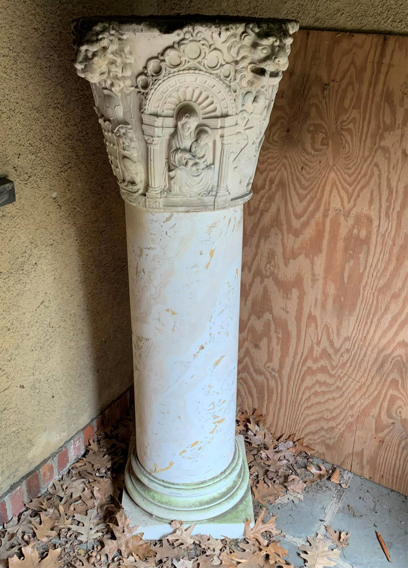 Medieval Style Marble Font on Pedestal: Medieval Style Marble Font on Pedestal, the font earlier, originally a capital, recarved later (RIJO812)(MS) Dimensions: 54 1/4" H x 24" Dia. Property From the Estate of Richard I Johnson (1925-2020),
