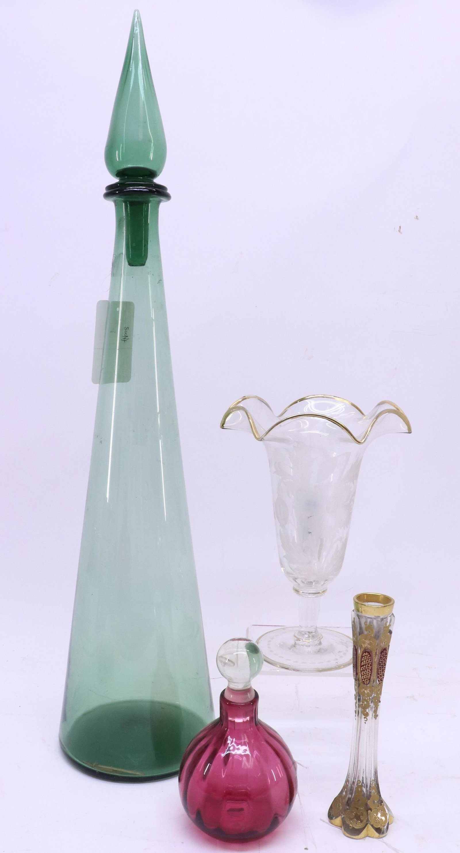 3 Bohemian Glass Items & Blenko Glass Jar: 3 Bohemian Glass Items & Blenko Glass Jar (RIJO800/4)(MS) Dimensions: Largest 25 1/2" H Property From the Estate of Richard I Johnson (1925-2020), Chestnut Hill, Massachusetts. Mr. Johnson's extensive