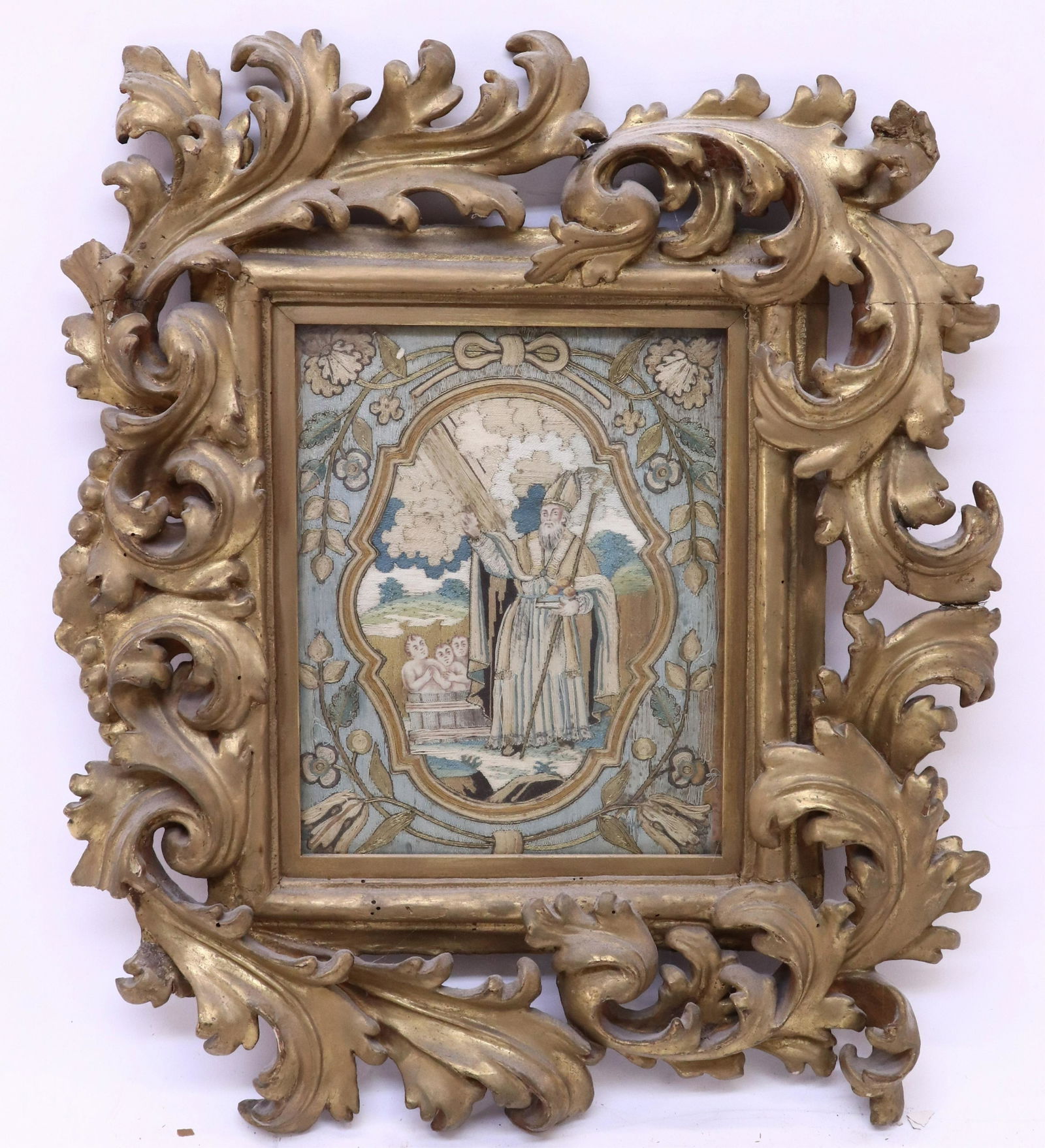 Continental Metallic Needlework, Bishop, 18th C.: Continental Metallic Needlework Panel of a Bishop, 18th C. (RIJO2737)(WT) Dimensions: 9" x 7", Frame 19" x 16" Property From the Estate of Richard I Johnson (1925-2020), Chestnut Hill, Massachusetts.