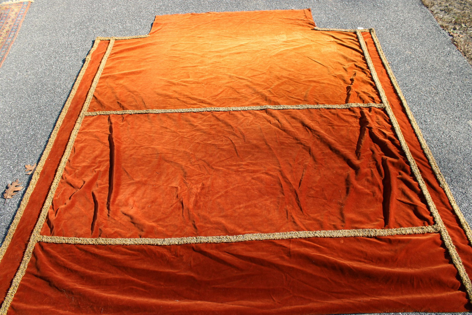Renaissance Style Bed Coverings, Runner: Renaissance Style Velvet Bed Coverlets, one in burnt orange with beige looped fringe and one green crushed velvet (4-panels) with gold threaded brush fringe,along with a Belgian tapestry table runner 