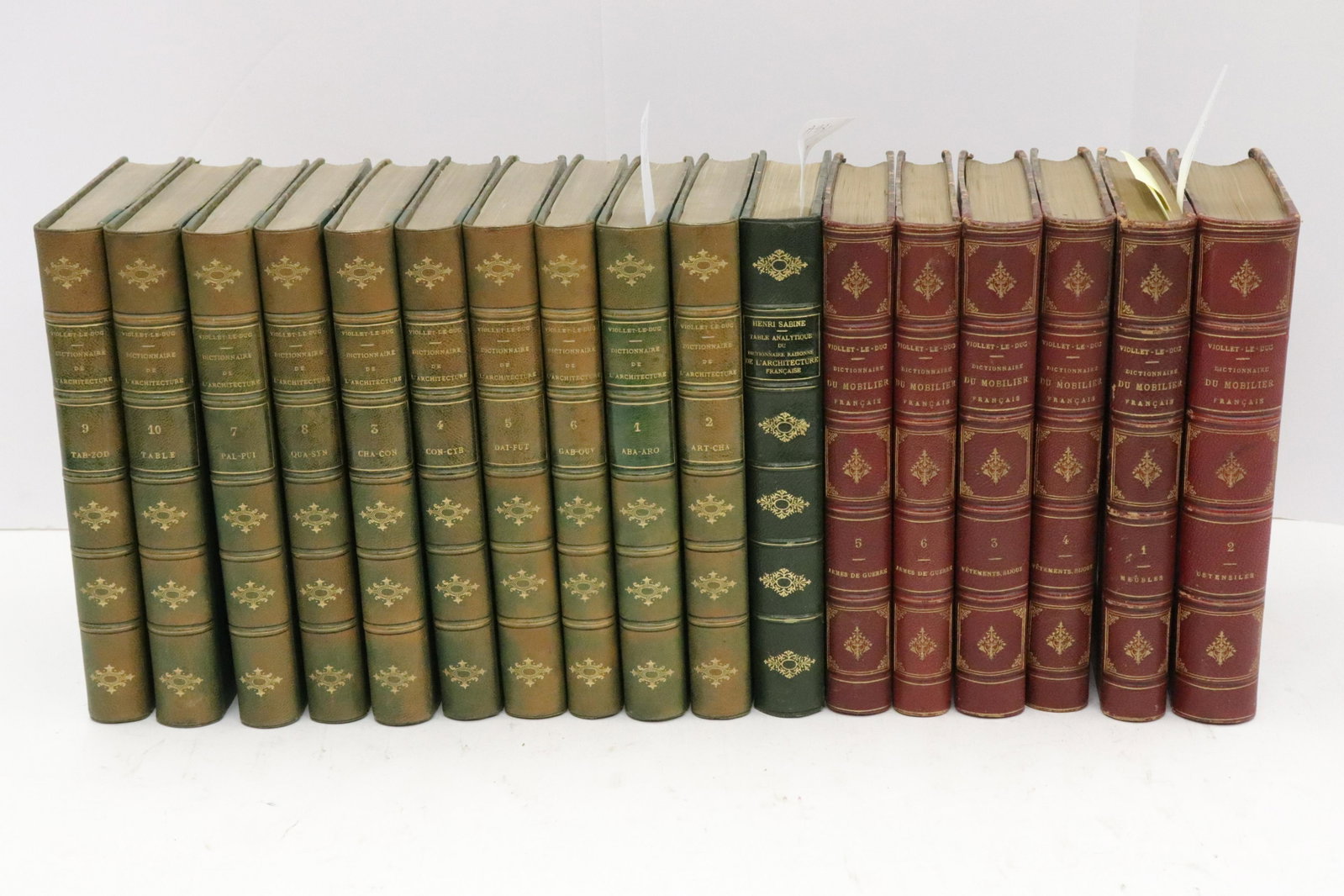 Viollet-Le-Duc 17 volumes, nice bindings: E.E. Viollet-Le-Duc. Dictionnaire Raisonne de l'Architecture Francaise du XIe au XVIe siecle. Paris: 1867-1868. 10 volumes, octavo. Illustrations. Later blue morocco-backed boards. And seven others by