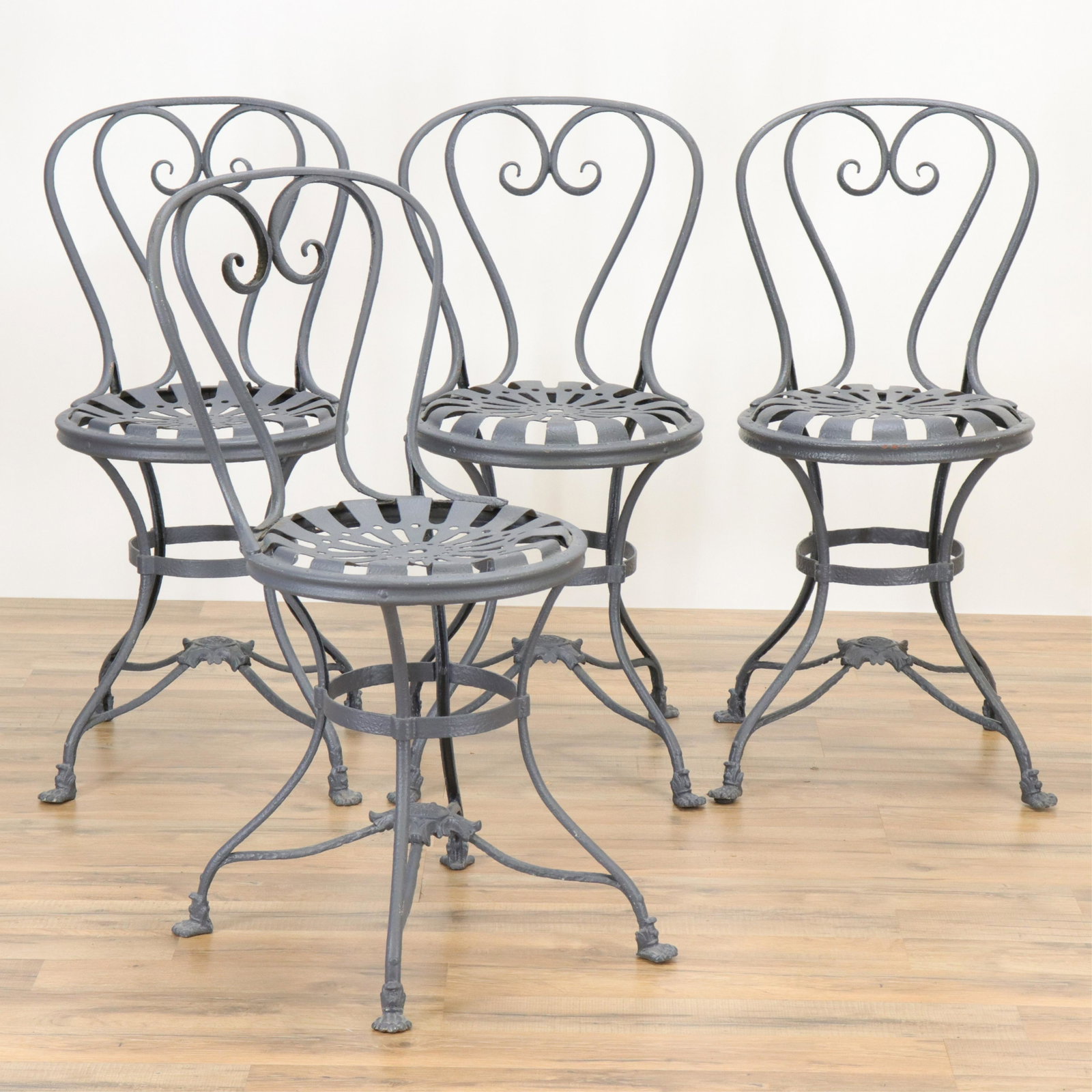 L.19th French Arras Garden Chair, lion paw feet: Set of Four L.19th Century French Arras Foundry Garden Chairs, loins paw feet, painted, base marked (CHAM2699/4)(MM) Dimensions: 32 1/2 x 17 x 17 Property from a Trinity Centre, NYC collection
