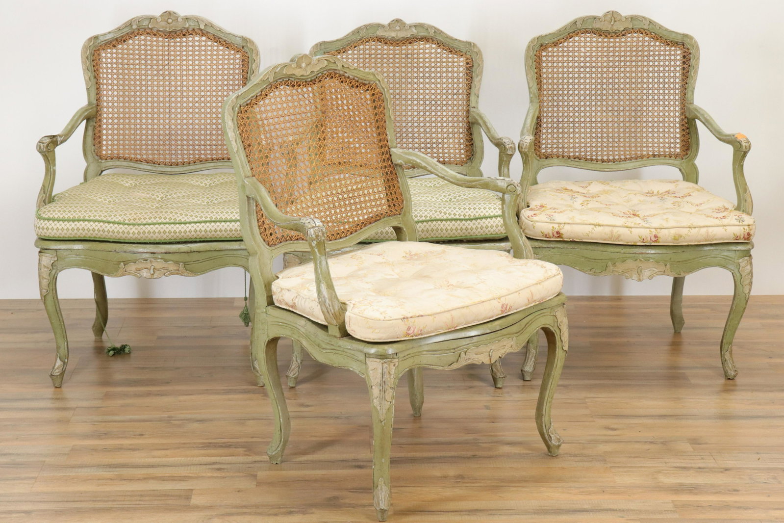 Four 18th C. French Louis XV Fauteuil: Set of 4 French Louis XV Painted Wood and Cane Fauteuil, with loose cushions (MALM2409/4)(MM) Dimensions: 36 x 25 x 21 Property from a West Hartford, CT collection