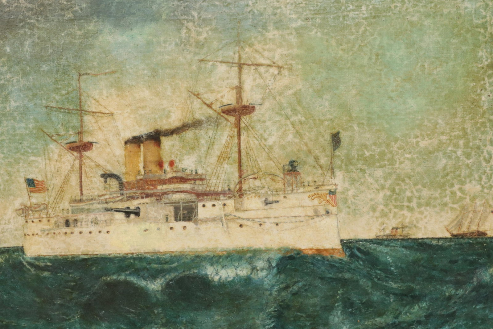 American Gun Boat, Early 20th C., O/C: American Gun Boat, Early 20th C., Steam Ship Underway, flying the American flag, Oil on Canvas, not signed (RICH2352)(WT) Dimensions: Stretcher 16" x 24" Property from a Manhattan Estate