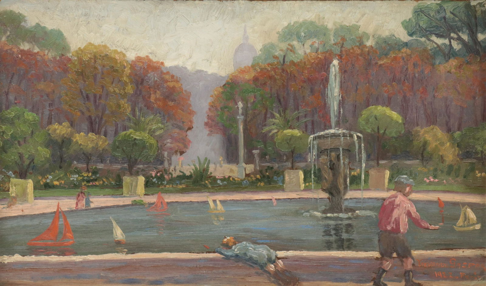 Veronique Gaspar - Paris Park Scene, 1922: Veronique Gaspar, "Paris Park Scene", 1922, Oil on Masonite, signed, dated and identified lower right (RICH2349)(WT) Dimensions: 11 1/2" x 19", frame 18" x 25 1/2" Property from a Manhattan Estate