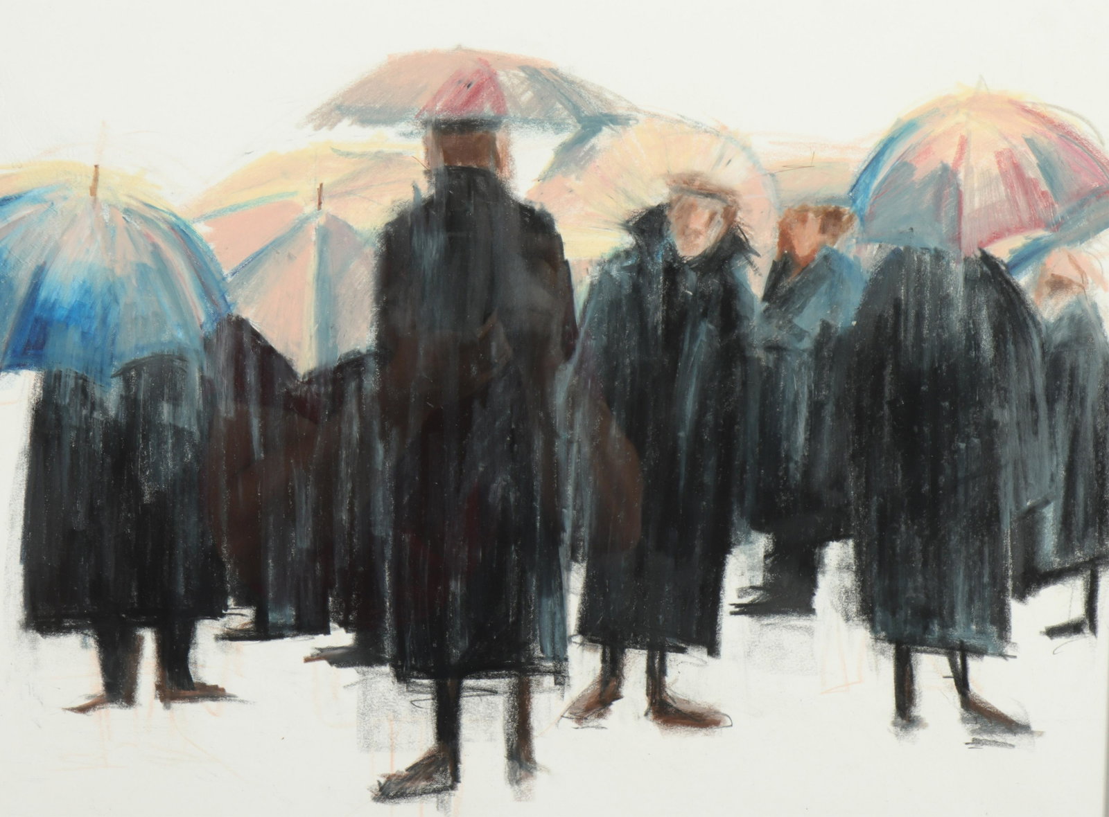 Jeanne Finkelstein Goodman, Umbrellas, mm on paper: Jeanne Finkelstein Goodman, b.1951, Umbrellas in the Rain, colored pencil mixed media drawing mounted on wood panel on paper, signed lower right, signed and titled verso (PKER2175)(MM) Dimensions: 35 