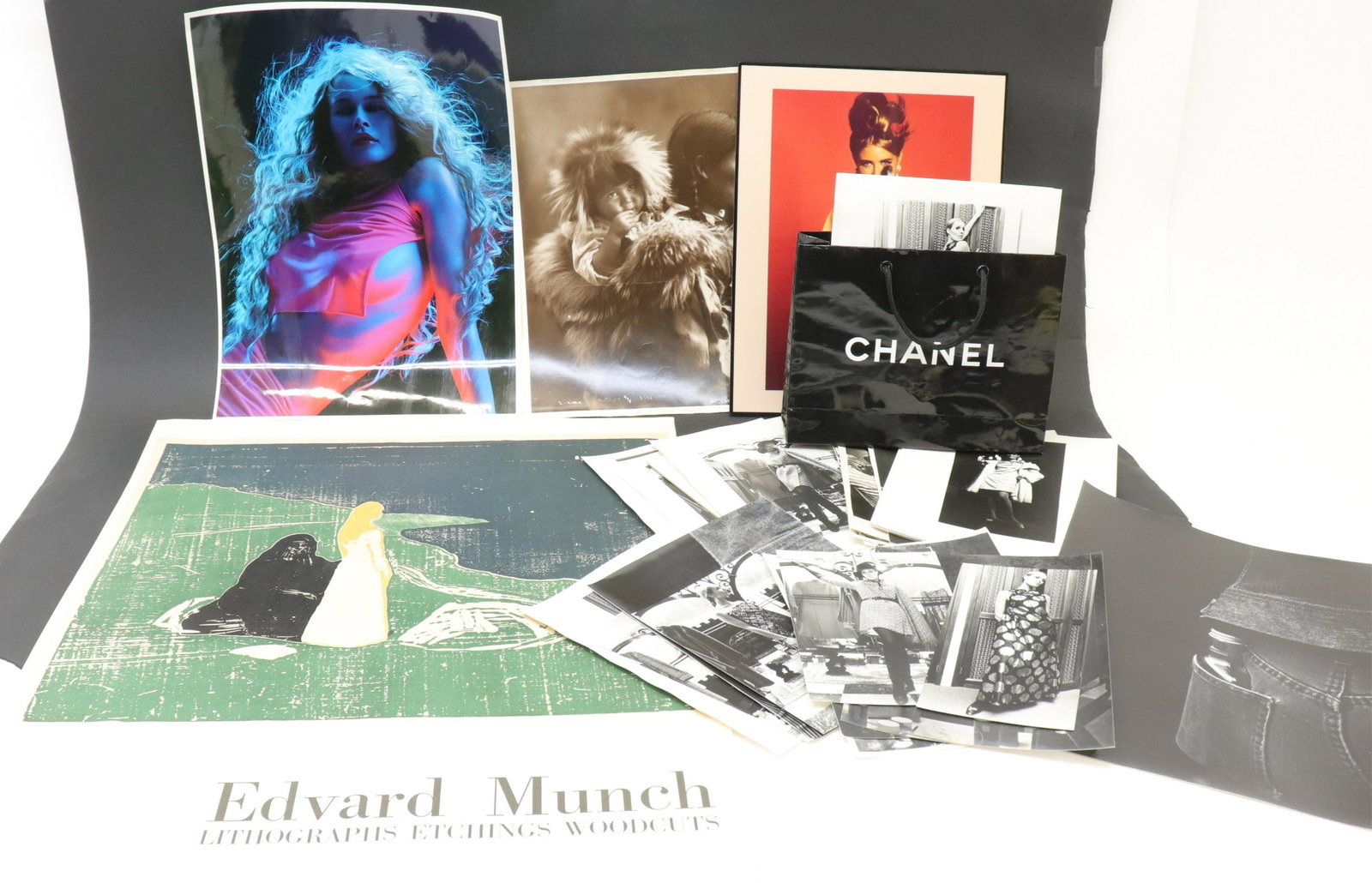 Modern & Vintage & Antique Photos, Munch Poster: Lot of Modern, Vintage and Antique Photographs with Edvard Munch Museum Poster, Los Angeles Art Museum Exhibition Poster, 1969, photos includes a 2 Dahlen Wee photos, one of Claudia Schiffer and anoth
