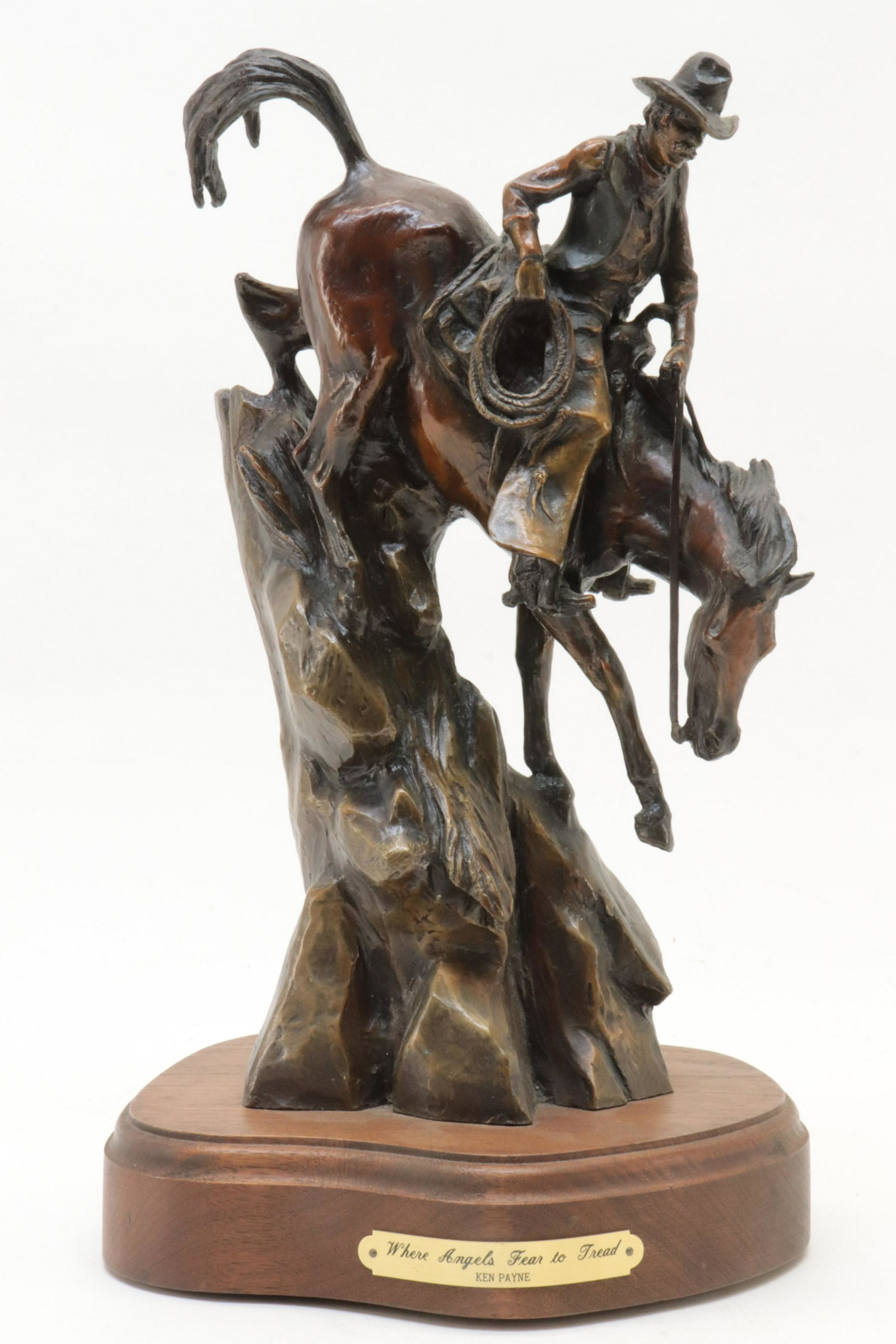 Ken Payne - Where Angels Fear to Tread, bronze: Ken Payne (American, 1938 - 2012). Signed, dated (19(92, numbered 73/95 on side. On spinning base. (KERT201)(EL) Dimensions: 15 x 7.5" Property from a Kent, CT collection