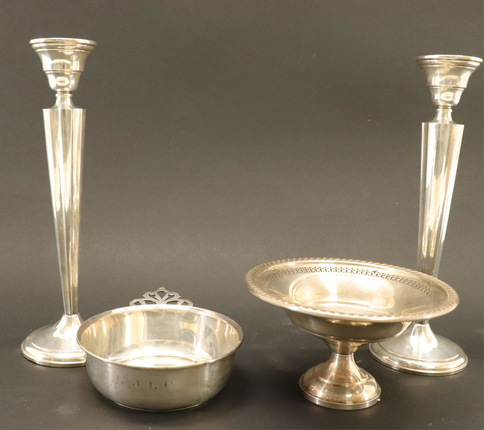 Sterling: Pair Candlesticks, Porringer, Candy Dish (1 of 5)
