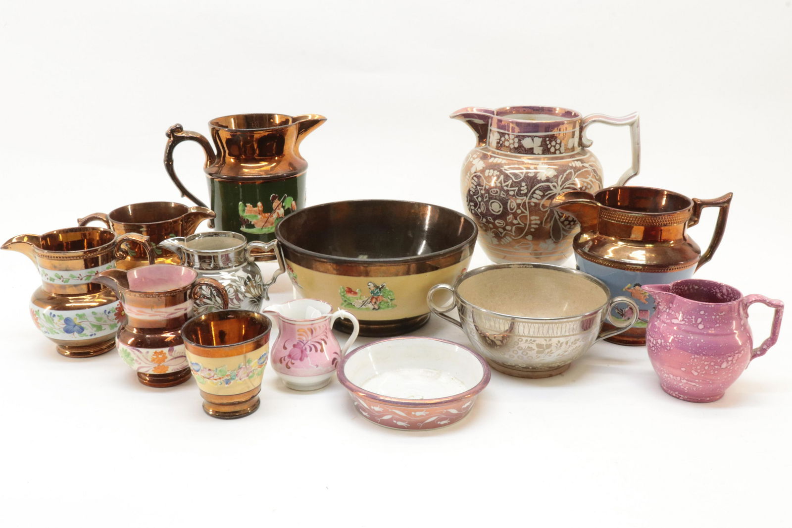 13 Lustreware Pitchers & Bowls, 19th C. (1 of 8)