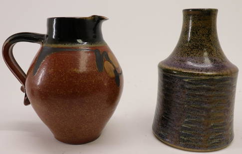 2 Modern Stoneware Vessels; Ploen, Martz: 2 Modern Stoneware Vessels, Erik Ploen (1925-2004) Vase signed Ploen Norway and Gordon Martz red & black pitcher signed Martz (STES8378/2)(WT) Dimensions: 9 3/4 and 9 1/4" Property from the collection