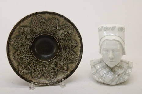 Gerd Bogelund, Hilma Persson-Hjelm Ceramics: 2 Scandinavian Modern Ceramic Objects one Hilma Persson-Hjelm for Rorstrand "Mona" Figure, incised "H Persson1903 and interior marked along with Gerd Bogeland for Royal Copenhagen bowl with leaf patte