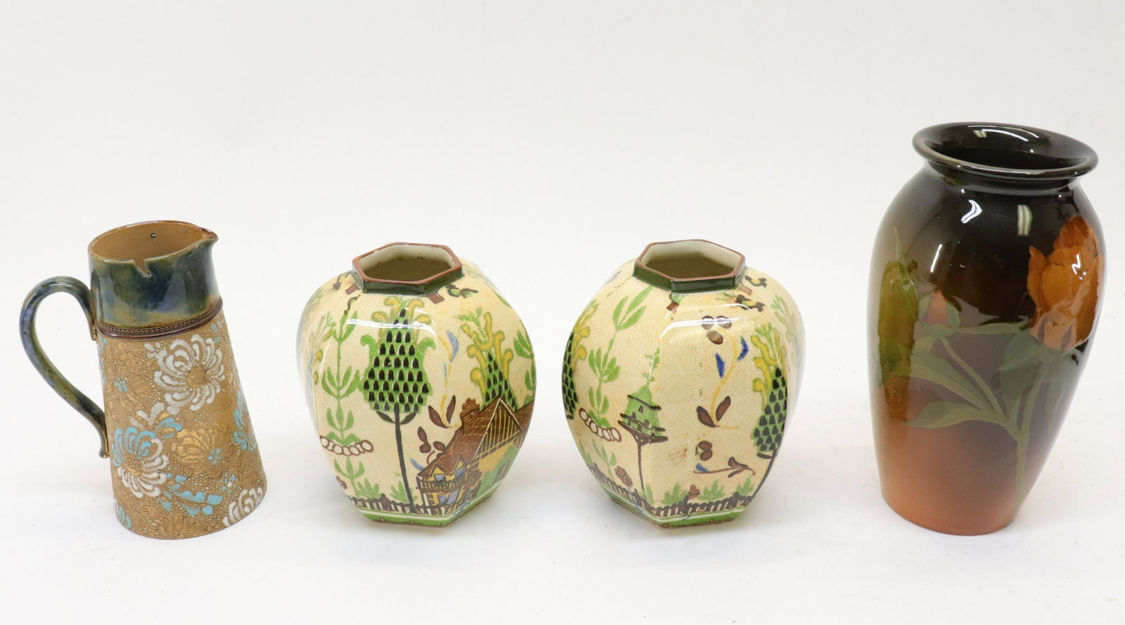 Rookwood & Royal Doulton Vases/Pitcher: Rookwood Pottery Vase, Pair Royal Doulton Vases & Pitcher (JOHN656/4)(MS) Dimensions: Rookwood vase 9" H Property from a South Kent, CT collection
