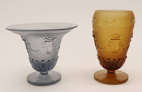 Edvin Ollers for Elme Glassworks: Edvin Ollers for Elme Glassworks, 2 pressed glass vases, amber & grey raised 'Ollers' mark (STES8365/2)(WT) Dimensions: 6 1/2" H and 5" H Property from the collection of a Massachusetts professor.