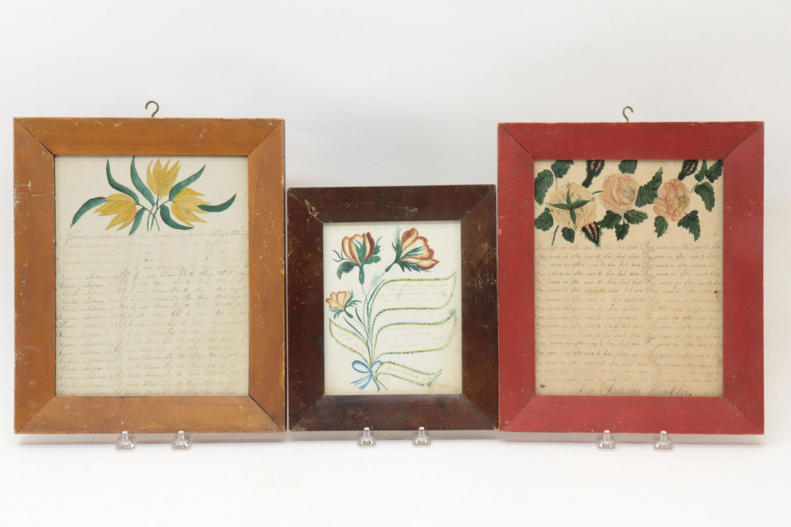 3 School Girl Work Sheets with Flowers: 3 School Girl Work Sheets with Flowers, with pen and ink (RICH2249/3)(WT) Dimensions: Largest 12 3/4"x 10 3/4" frame Property from a Manhattan Estate