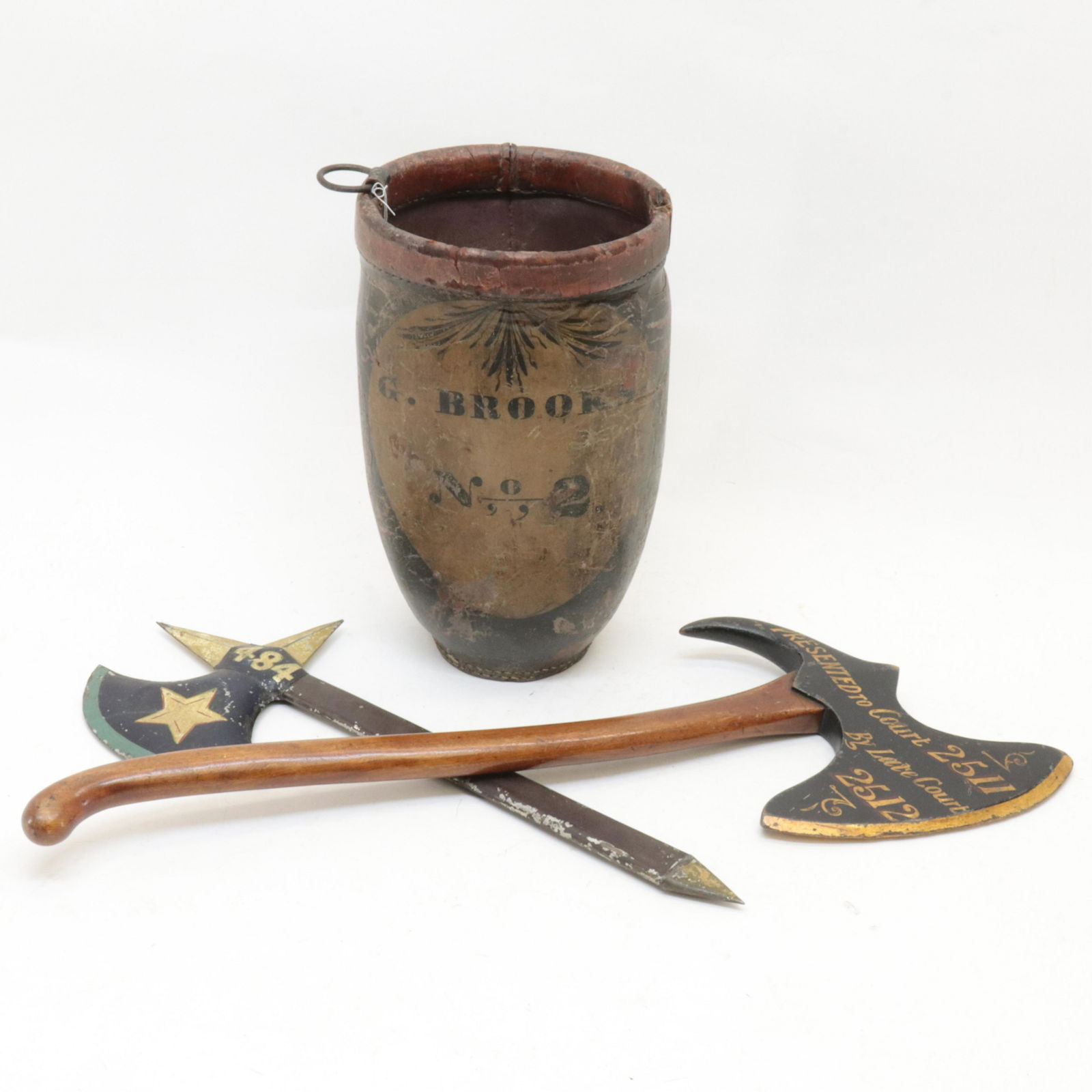 3 Fire Company Items, leather bucket & axes (1 of 5)