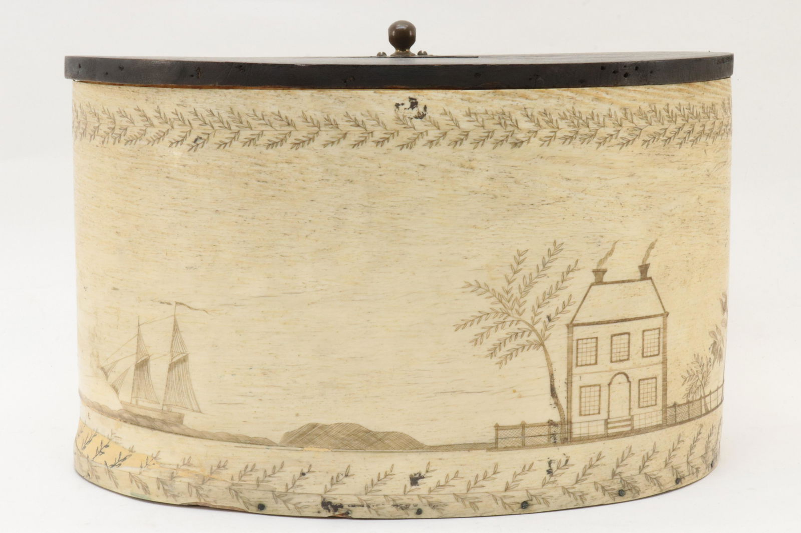 Sailor's Hat Box: Sailor's Hat Box, decorated with sailing ships, house, trees and flowers, material not determined, but not birch (RICH2104)(WT) Dimensions: 8" H x 13 1/2" L Property from a Manhattan Estate