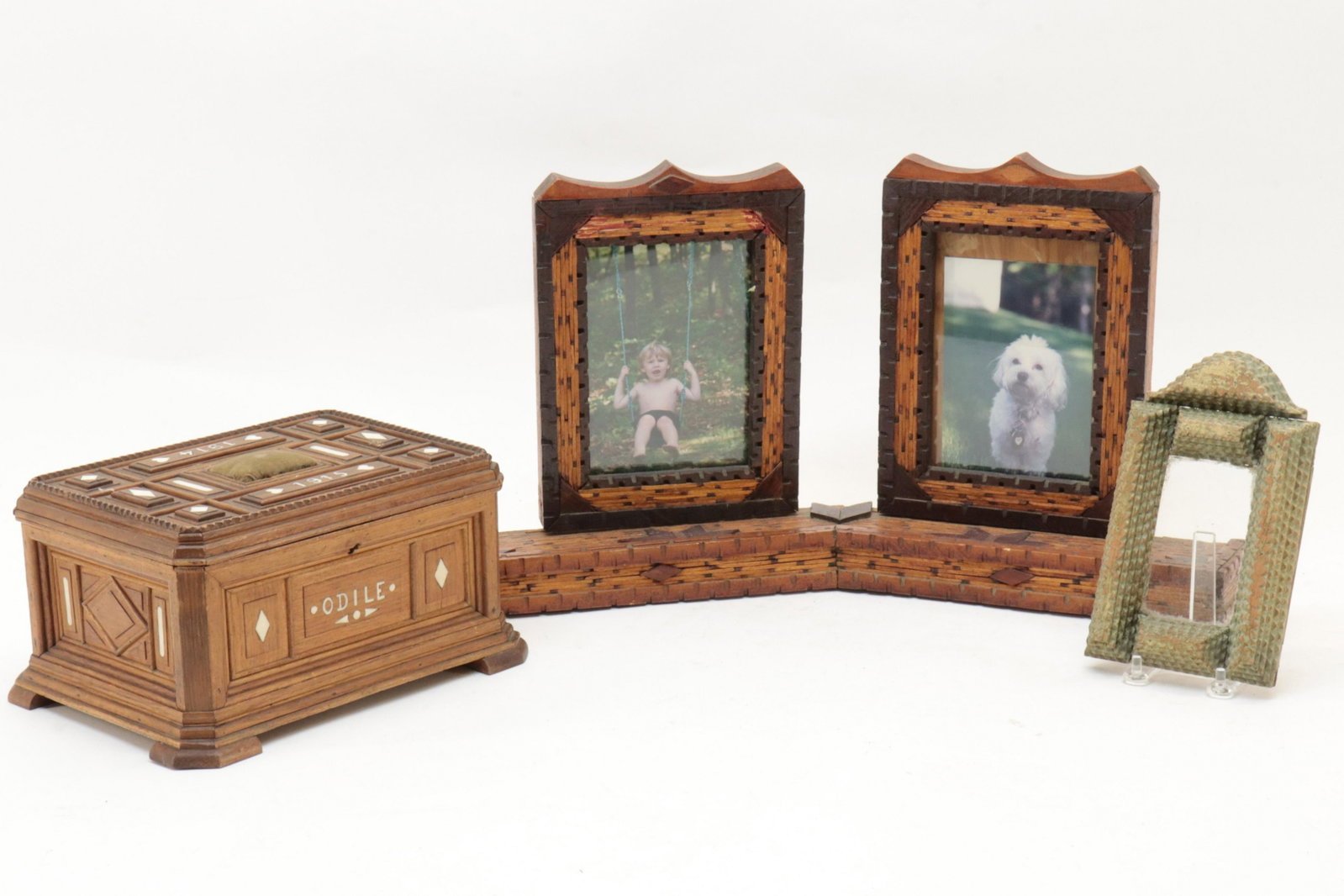 3 Wood Tramp Art Pieces: 3 Wood Tramp Art Pieces, sewing box inlaid with bone, "1914/1915 Odile St Louis" and 2 photo frames (RICH2147/3)(WT) Dimensions: Box 5 1/2" H x 10 1/2" L, large double frame 11 1/2" H x 20" W Property