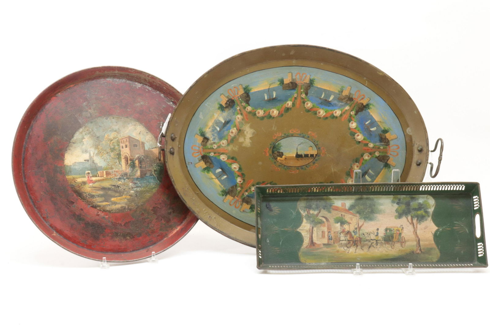 3 French Tole Trays, railroad train & ships (1 of 7)