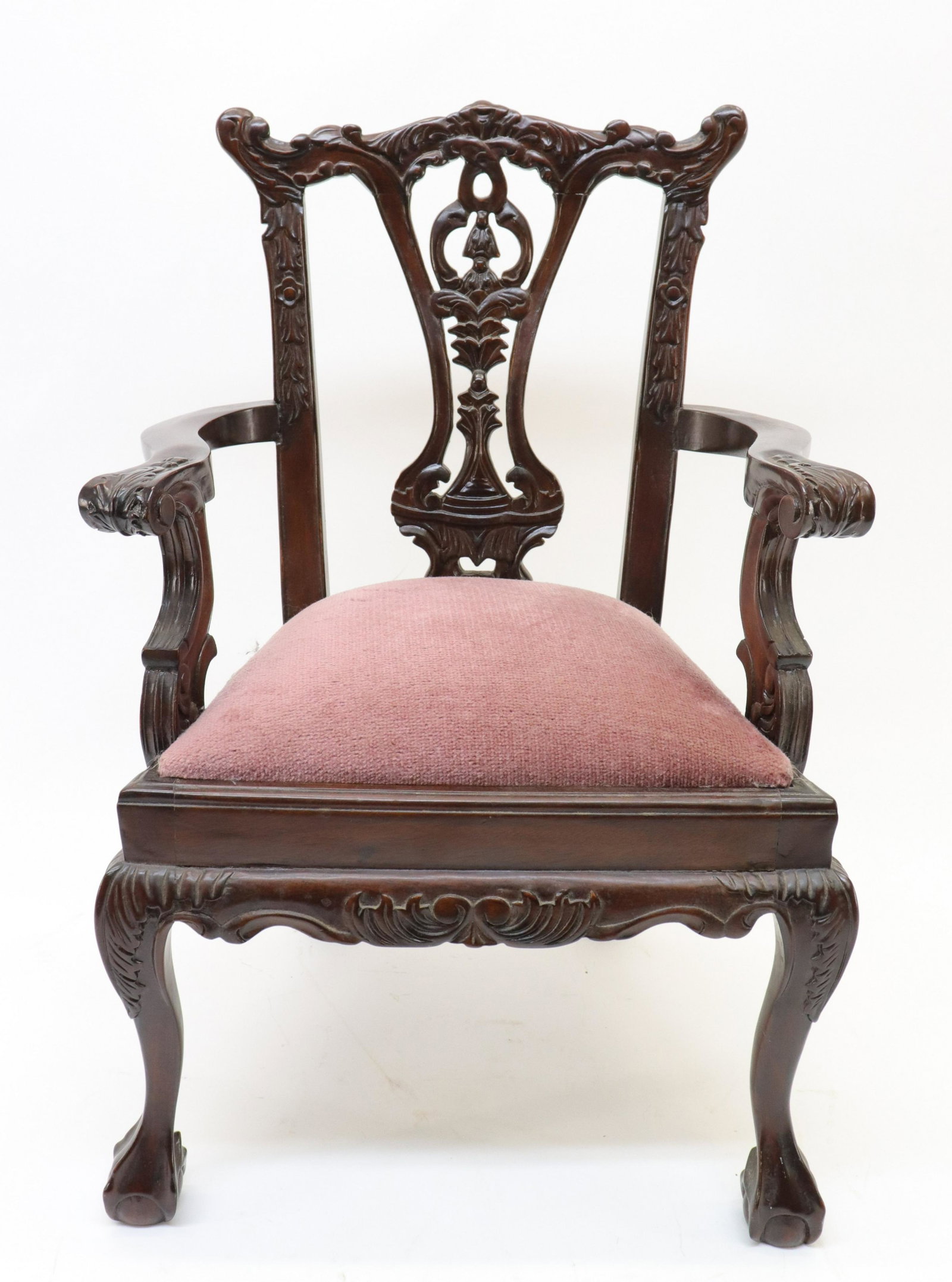 Carved Mahogany Childs/Doll Chippendale Chair: Ball and claw feet. Slip seat. (ROVO2237)(JP) Dimensions: 19.75"H x 11.5 deep x 14W at arms Property from a Litchfield County home