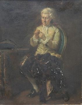 After Robert Hillingford, Seated Gentleman: After Robert Hillingford, Seated Gentleman, painted over print laid down on canvas (ESCR3081)(WT) Dimensions: Frame 16 1/2" x 14 1/2"