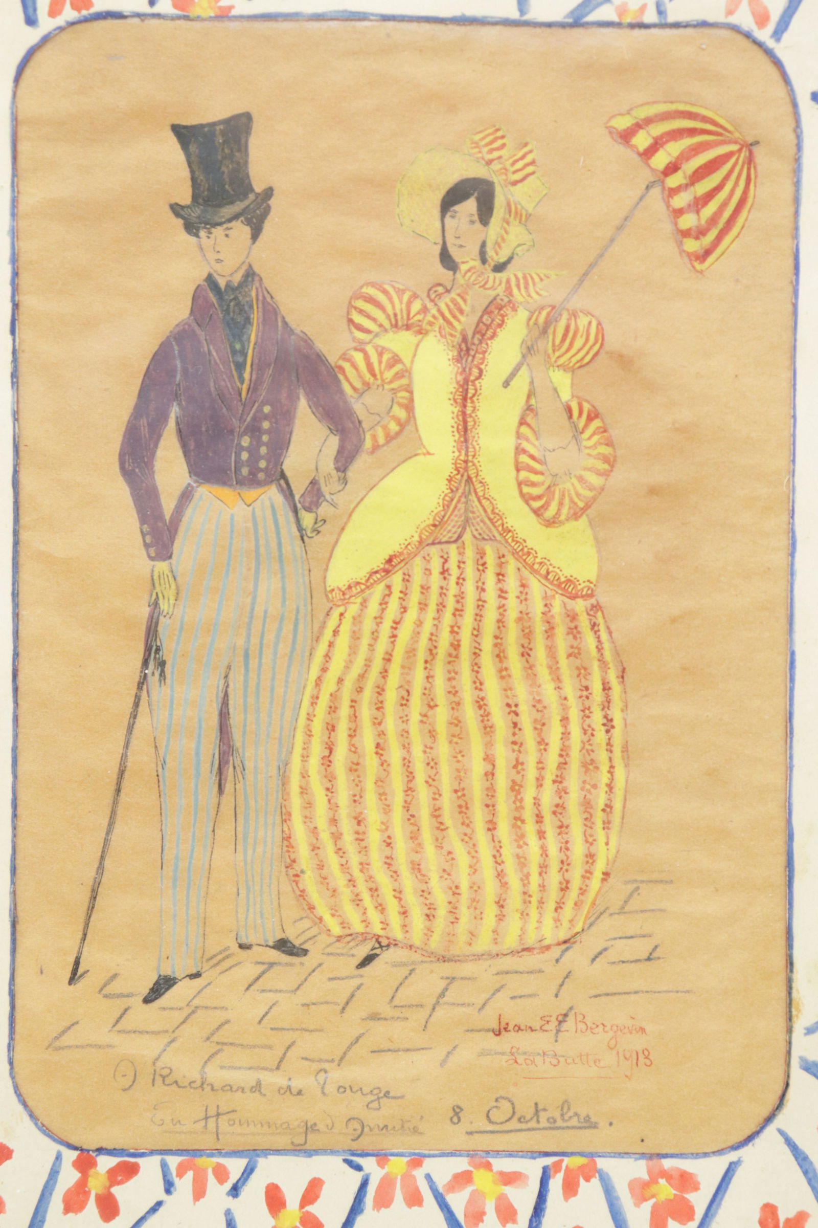 Folk Art/Primitive, "Elegant Couple", W/C (1 of 2)