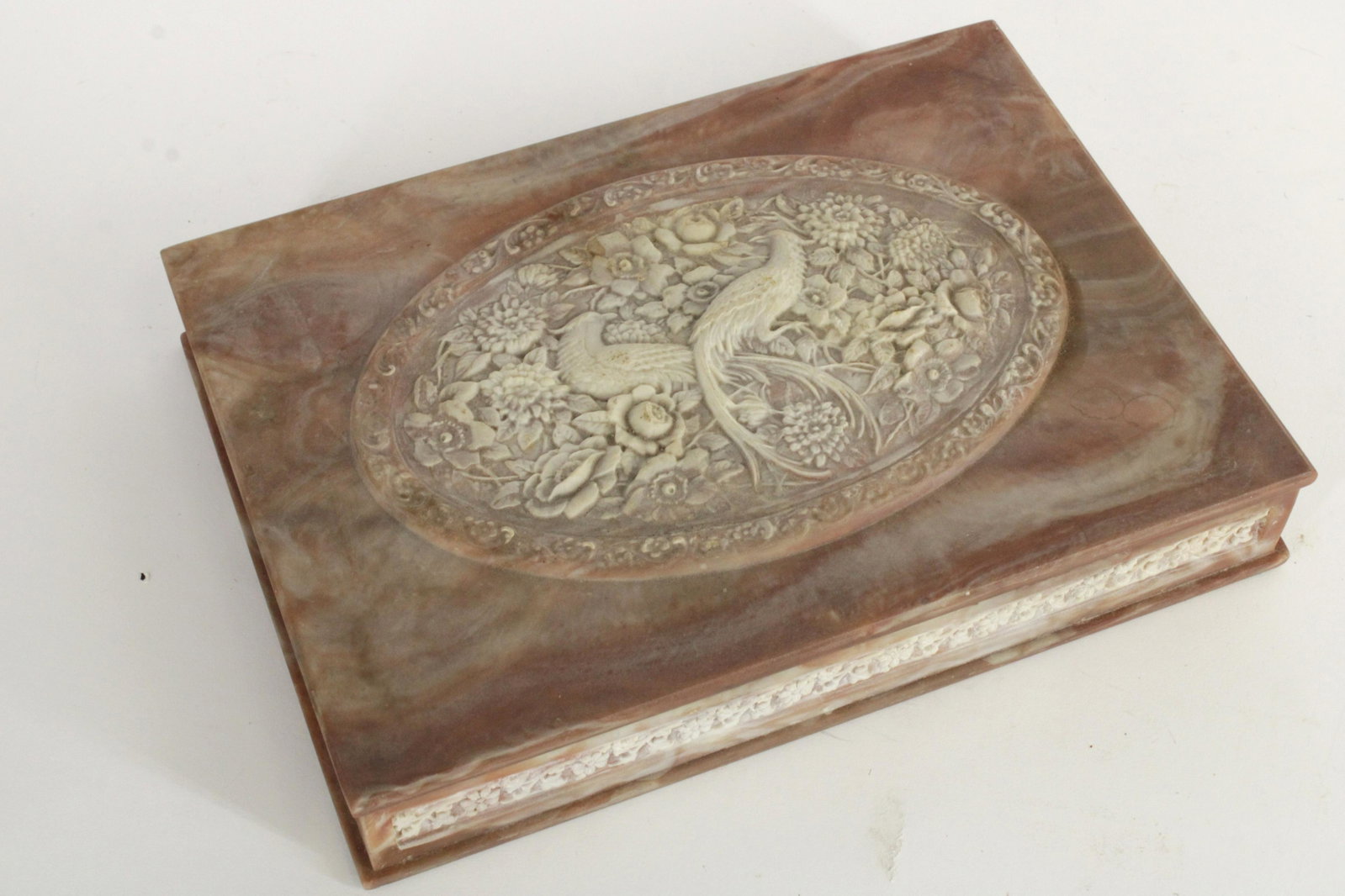 Victorian Carved Soapstone Jewelry Box: Victorian Carved Soapstone Jewelry Box, pheasant and floral decoration (RICH3134)(WT) Dimensions: 2 1/2" H x 13 1/2" L x 10" D