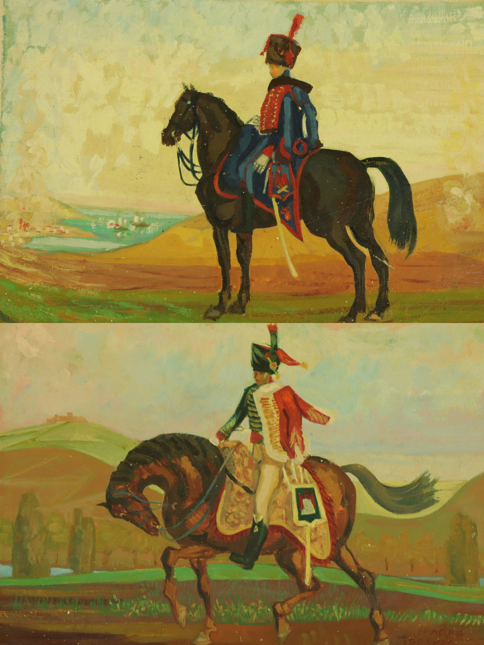 Andre Treves - Pair of Soldiers on Horseback: Andre Treves (French, 1904 - 1973) Pair of oil on canvas paintings. Both signed lower left (one very faint) (HEAR193)(EL) Dimensions: 9.5 x 13" unstretched