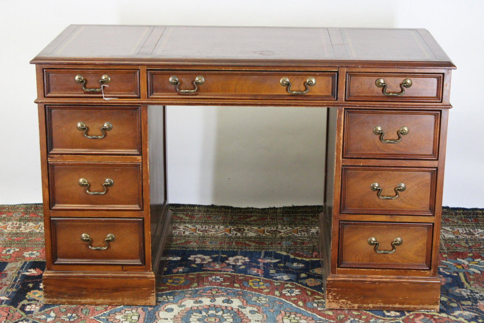 George III Style Mahogany Stained Pedestal Desk: George III Style Mahogany Stained Pedestal Desk (FIND322)(MS) Dimensions: 30 1/4" H x 48" W x 24" D