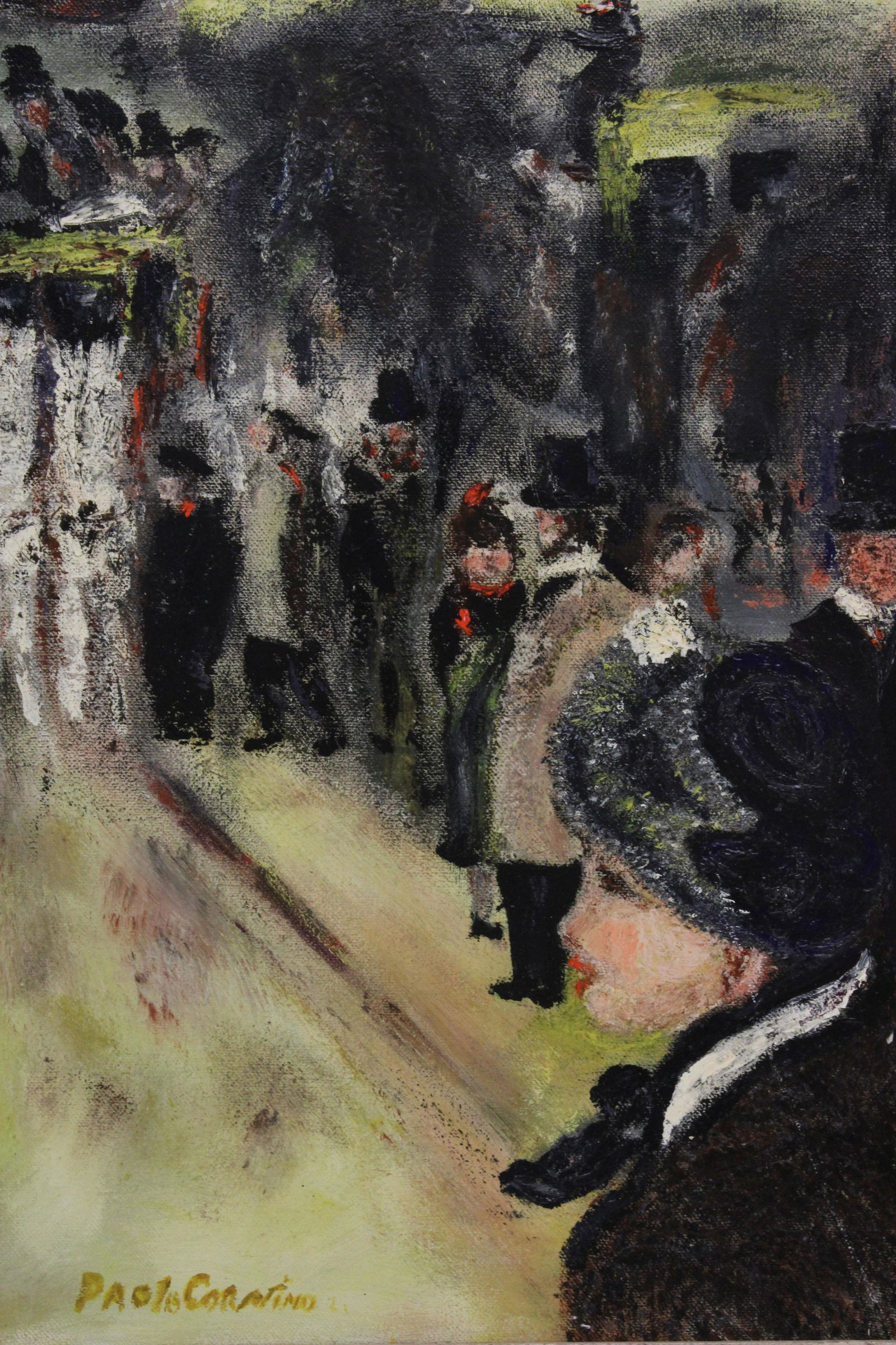 Paolo Corvino - Figures on Street: Paolo Corvino (American, 1930 - 2015). Oil on canvas depicting figures on street. Signed lower left. (PCOR590)(EL) Dimensions: 15.5 x 11.5 Framed: 22 x 18.5"