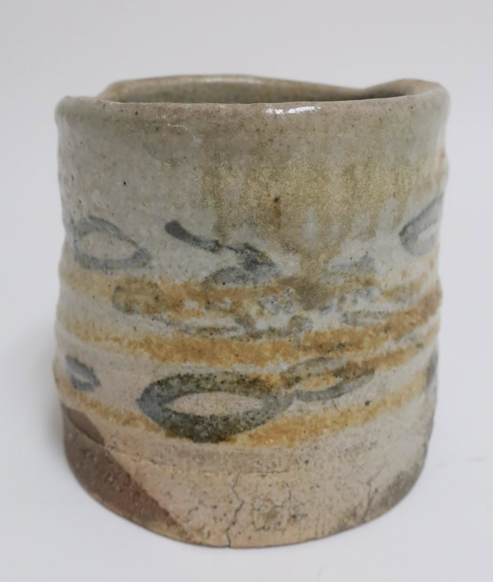 Shino Mizusashi Pottery Jar/Vase: Figure of 8 designs. (LDI6236)(WT) Dimensions: 5.5 H x 5.5 diam