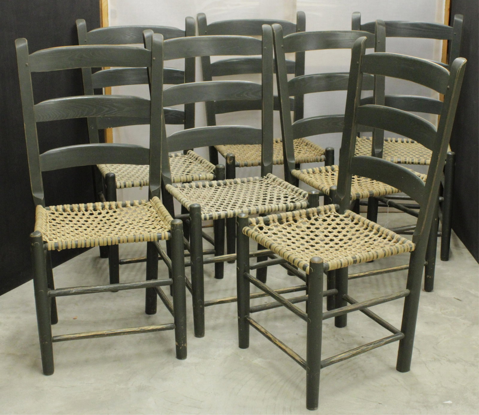Group of 7 Ladderback Chairs Rawhide Woven Seats: (ANAN395)(scl) Dimensions: 40" high by 20" wide seat hgt; 18" by 16 deep