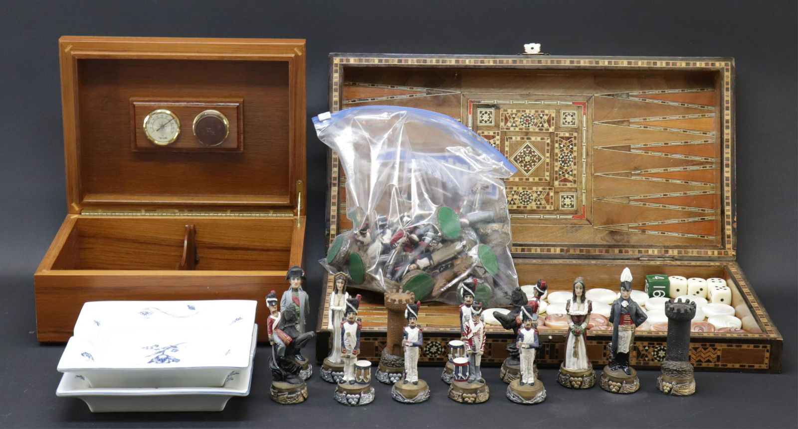 Burled Wood Humidor, Limoges Ashtrays; Game Sets (1 of 7)