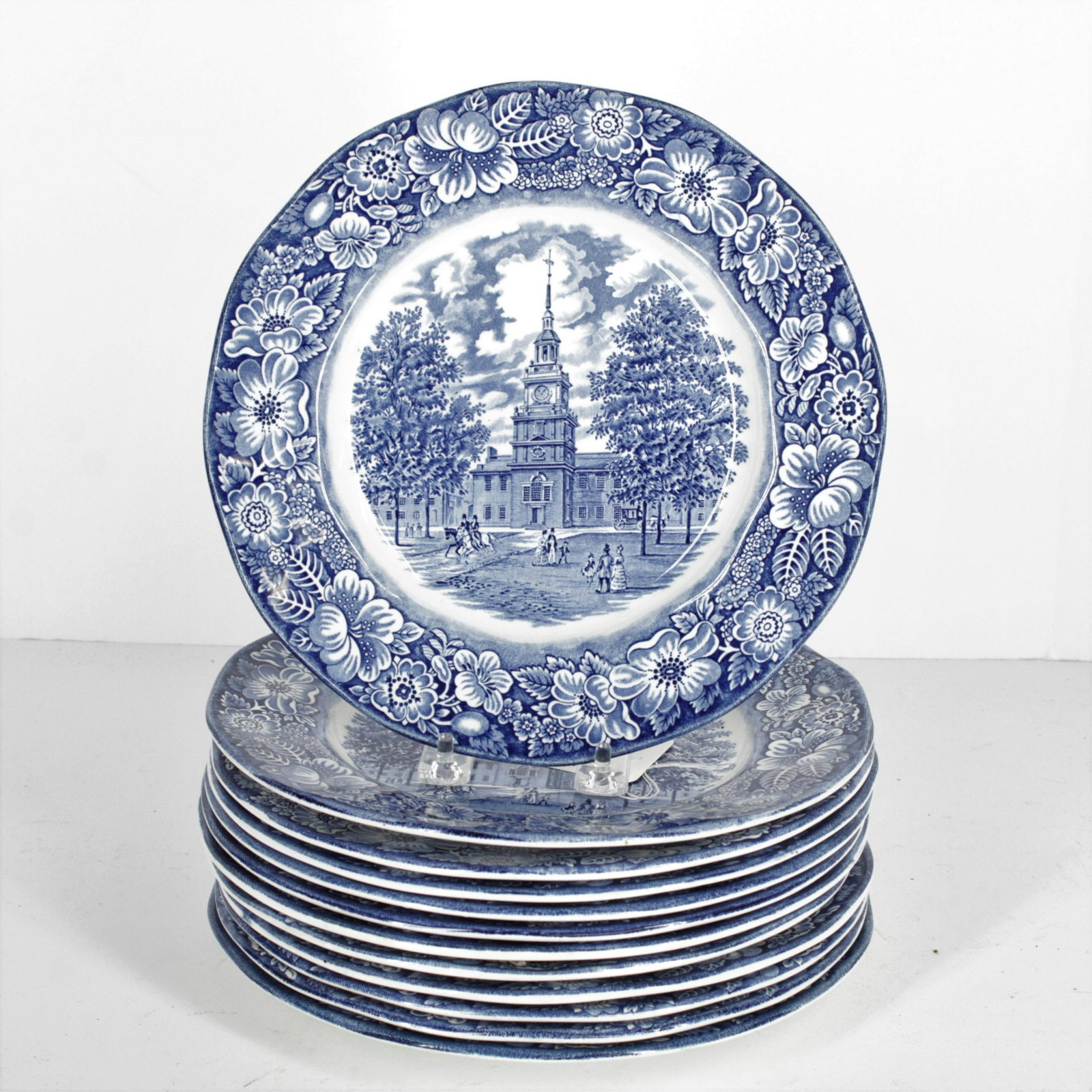 Set of 12 Liberty Blue Historical Colonial Plates: Set of 12 Liberty Blue Historical Colonial Scene, English Staffordshire Ironstone Plates - Independence Hall. (NN3451/12)(WT) Dimensions: 10" diam