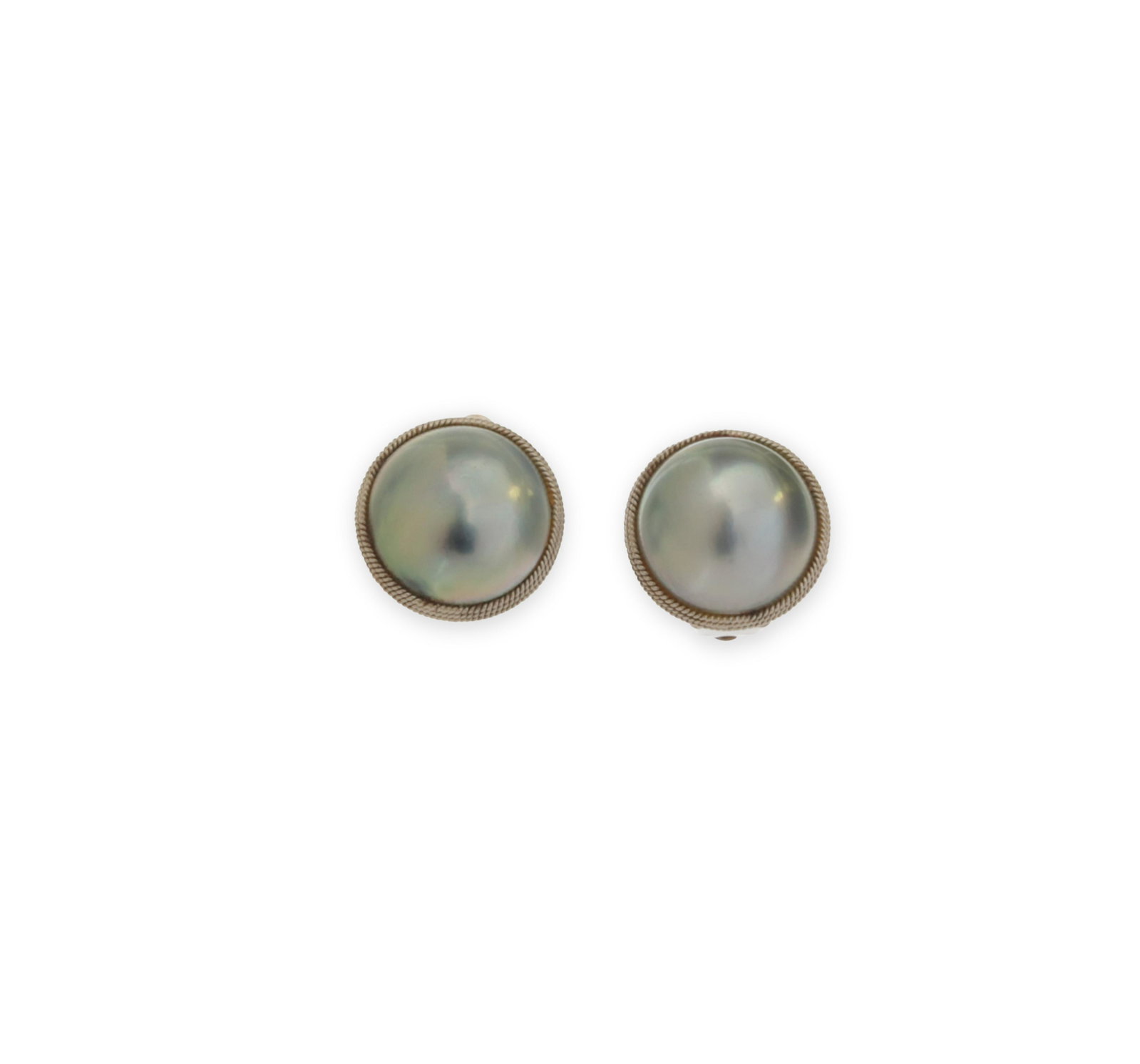 Pair of Tahitian Pearl Earrings: Pair of round Tahitian pearl clip on earrings set in 14k white gold with triple rope twist surround. Back stamped K14WG. Gross weight of 9.8 grams. 0.75" diam
