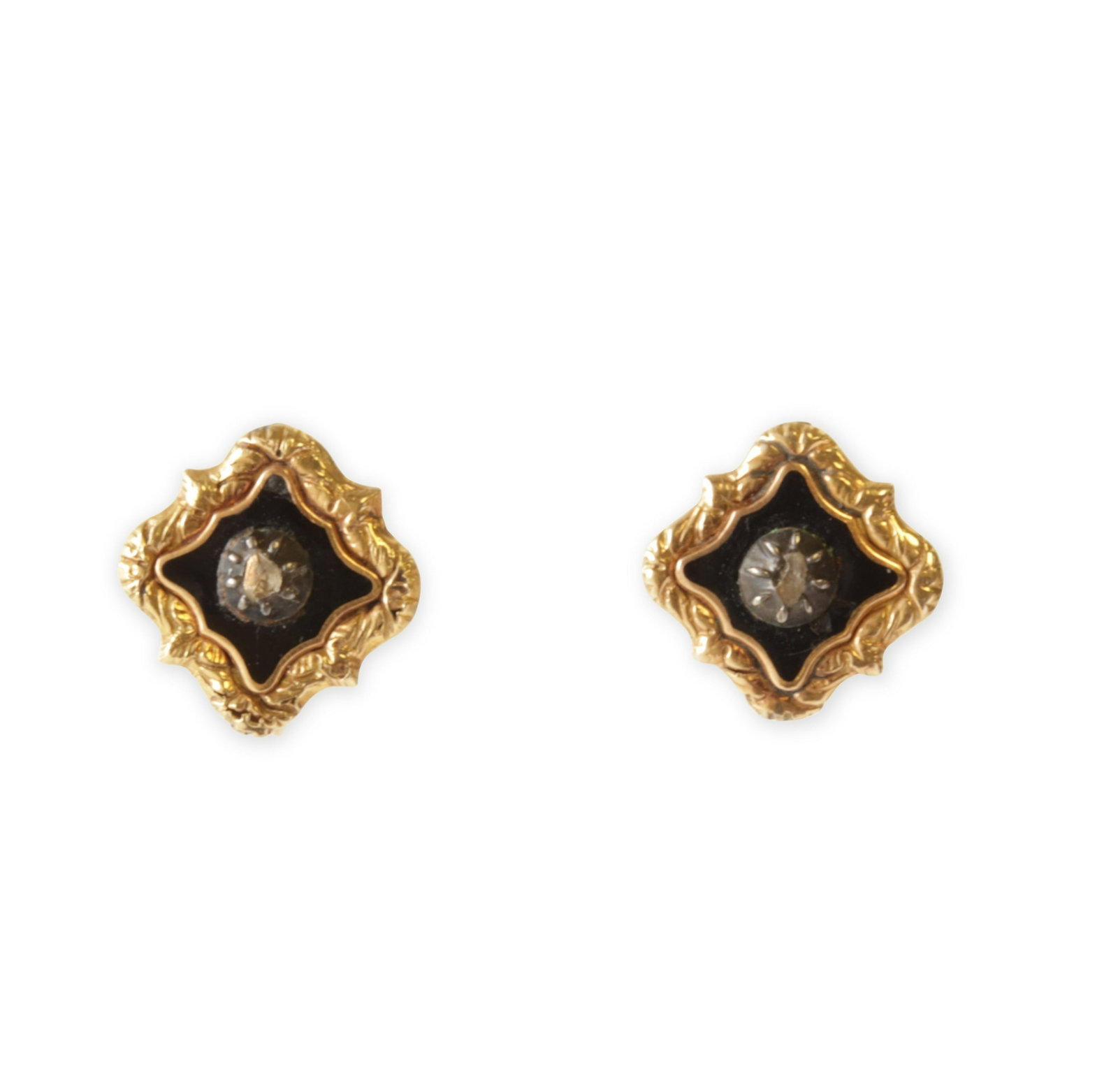 Pair of Edwardian 14k & Diamond Earrings: A pair of Victorian/Edwardian screw back earrings with black (probably) enamel overlay on front with central old mine cut diamonds. Back stamped 14K. Gross weight of 3.2 grams. 0.5" across