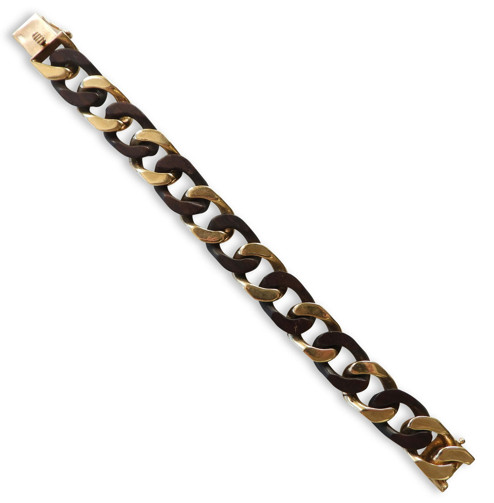 Van Cleef & Arpels 18k Gold and Wood Link Bracelet: Van Cleef and Arpels, Made in France. 18k yellow gold and dark wood cuban link bracelets. Stamped VAN CLEEF AND ARPELS MADE IN FRANCE (c) 70 // 2V027 - 18, 18k stamp on clasp. Gross weight of 51.4 gra