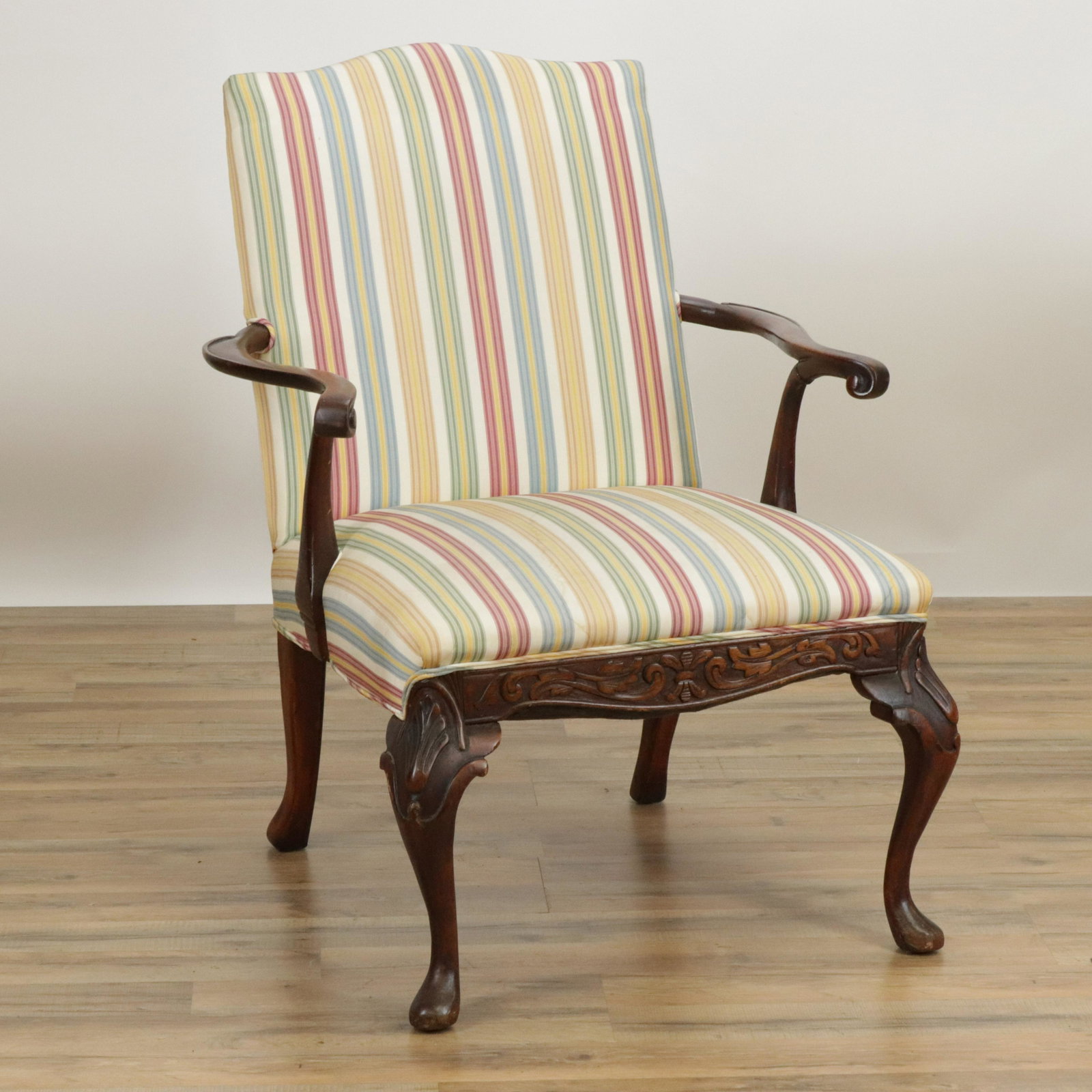 Georgian Style Mahogany Library Armchair: Georgian Style Mahogany Library Armchair, upholstered in striped silk (DSEI261)(MS) Dimensions: 37" H x 27 1/2" W x 30" D Property from a Litchfield Estate