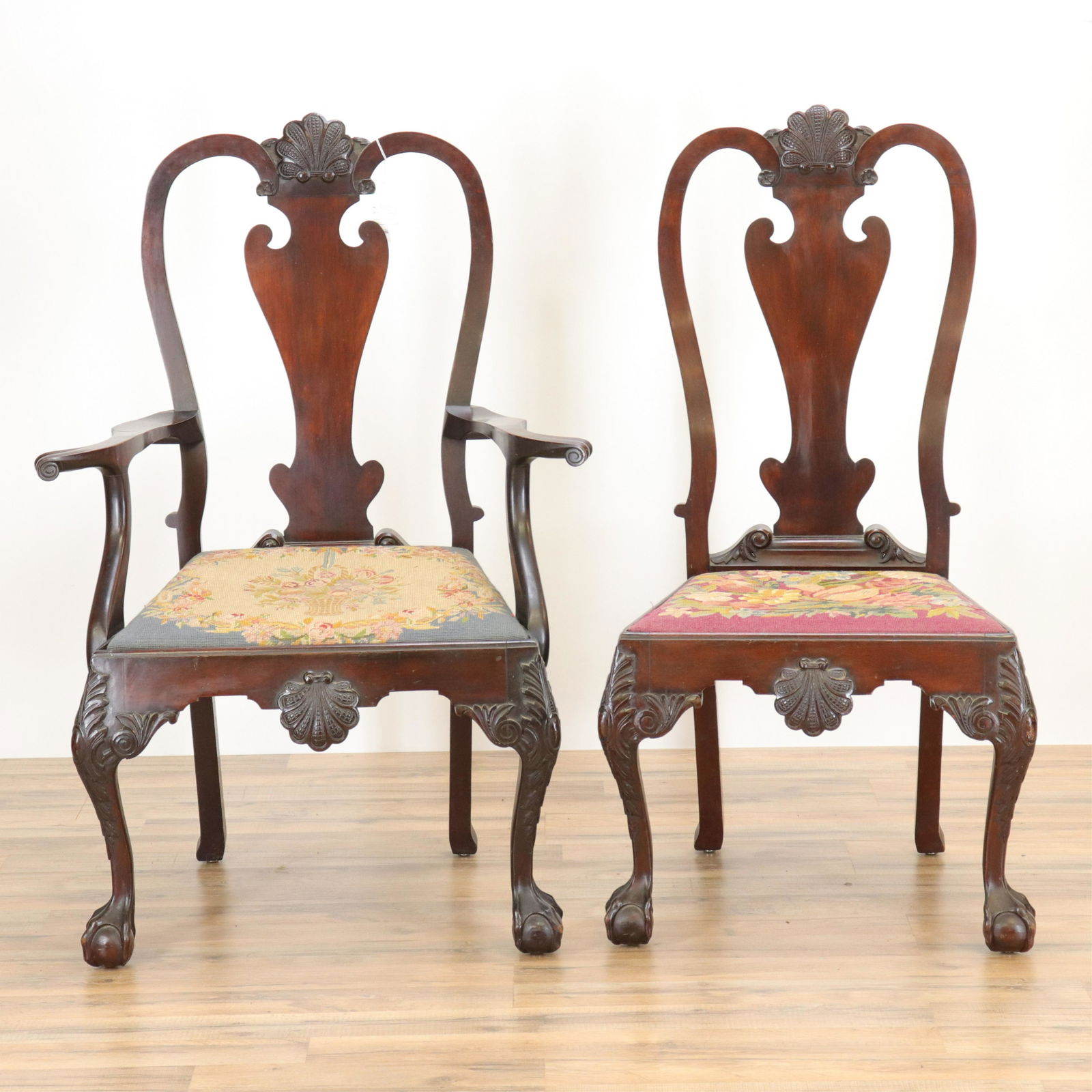 Two Chippendale Style Chairs, Needlepoint Seats (1 of 7)