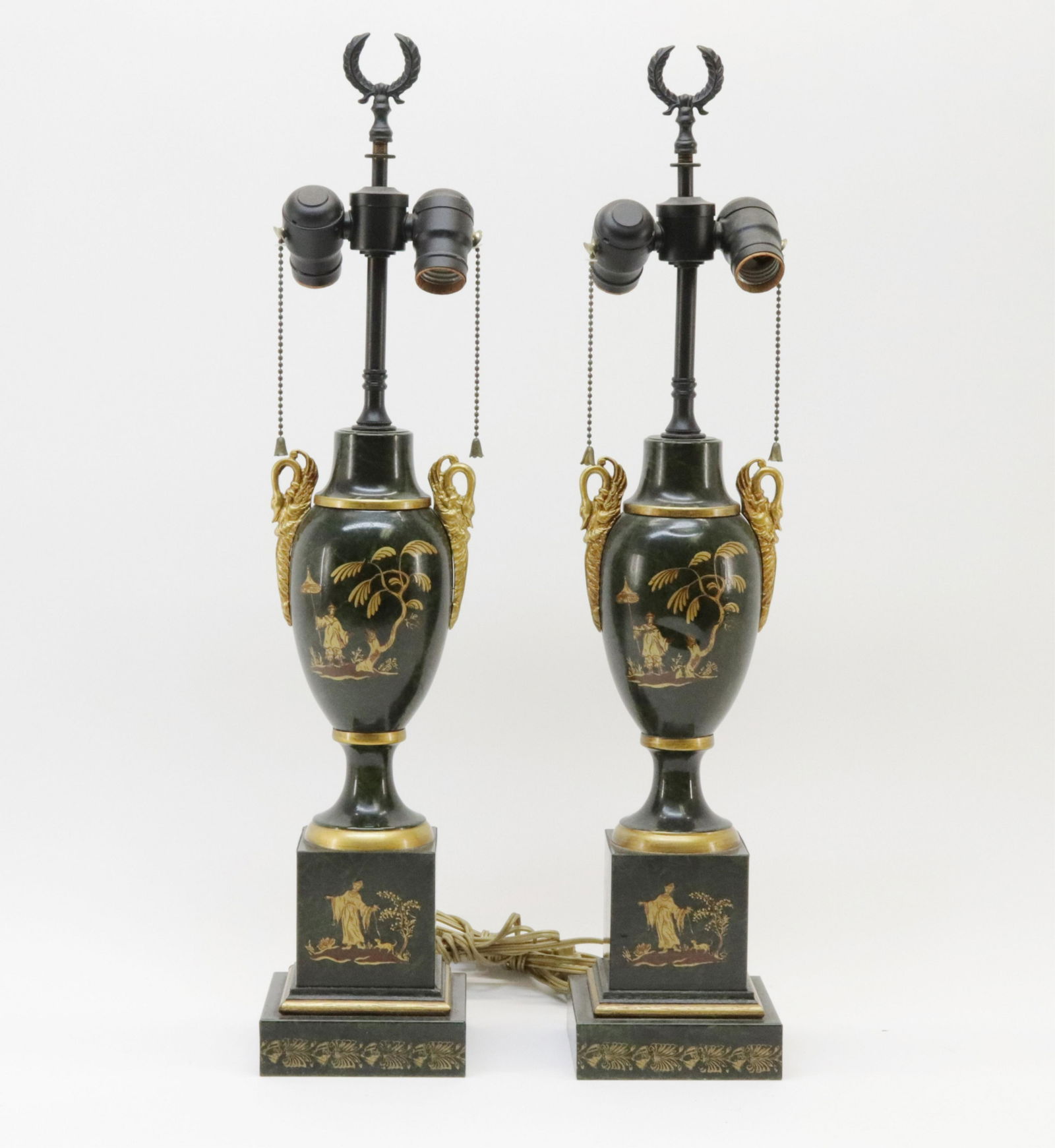 Pr Chinoiserie Decorated Green Painted Tole Lamps (1 of 4)