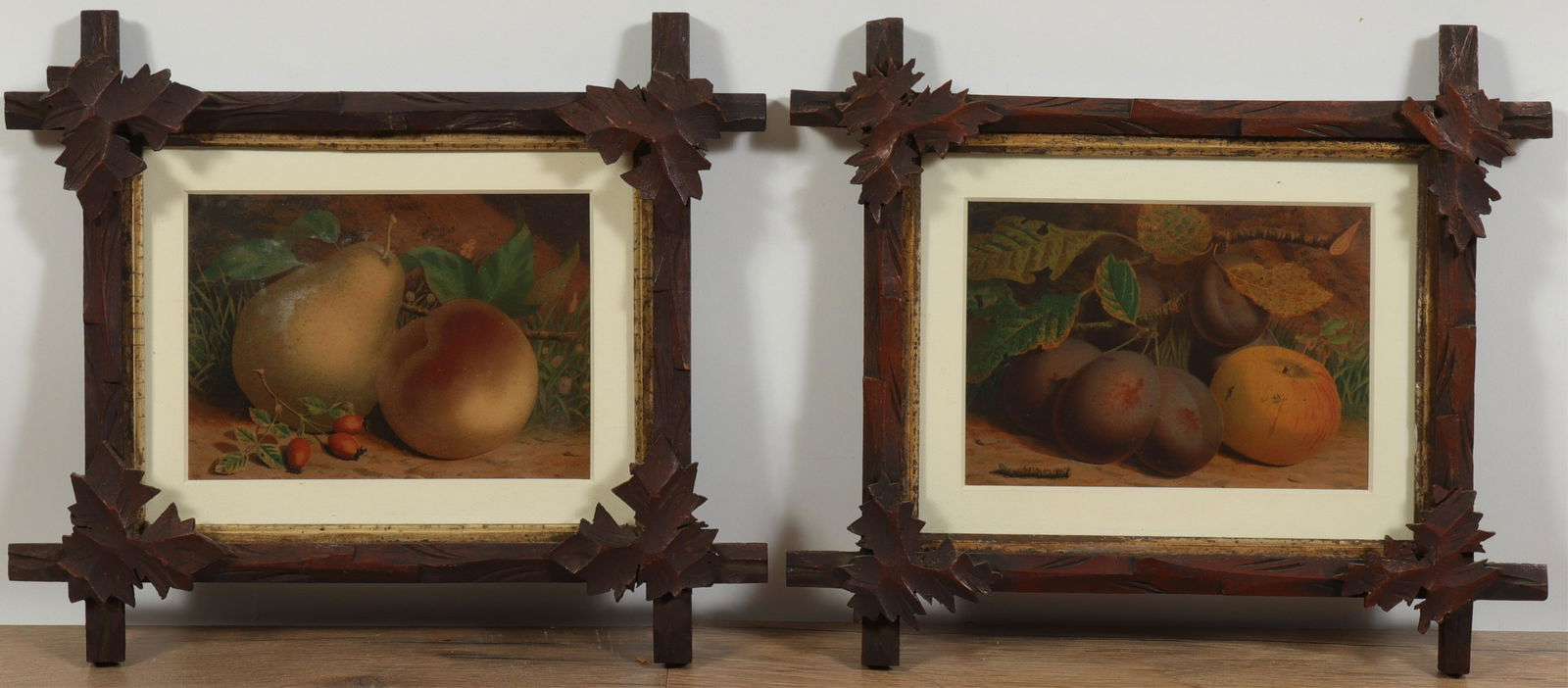 Pr Still Lifes of Fruit, 19th C., Tramp Art Frames (1 of 5)