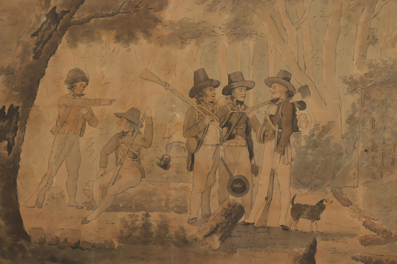 British School, 19th C., Soldiers at Leisure W/C: British School, 19th C., "Soldiers at Leisure, Bivouacked in a Forest", Watercolor & Ink, not signed (DSEI4431)(WT) Dimensions: Sight 16 3/4" x 23", Frame 25" x 31" Property from a Litchfield Estate