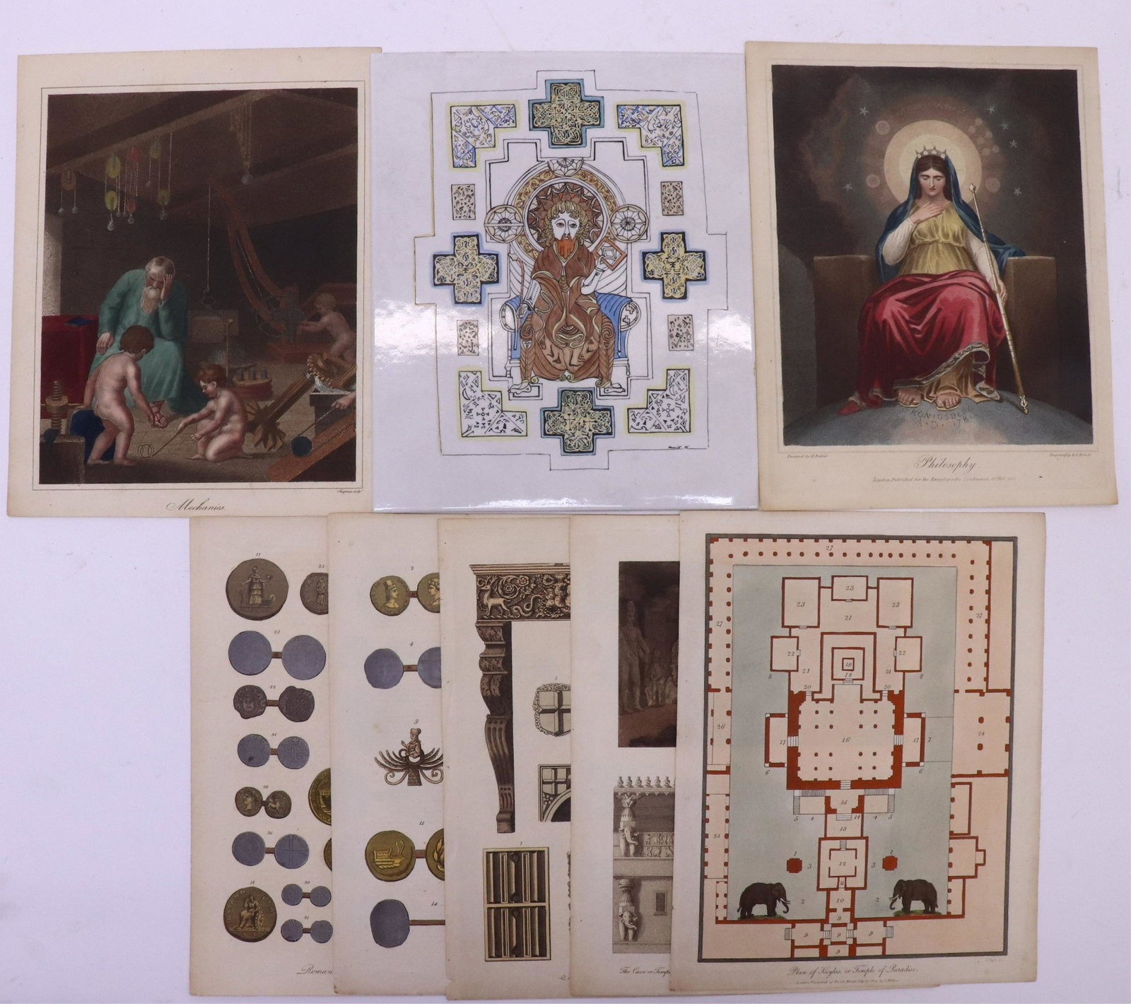 London Bookplates Prints, tile: Architecture,Roman Medals and Coins, Mechanics and Philosophy along with a porcelain Decorative Tile signed and dated "Harriet 75" (RIJO2992/8)(MM) Dimensions: 10 x 8 3/4, Property From the Estate of 