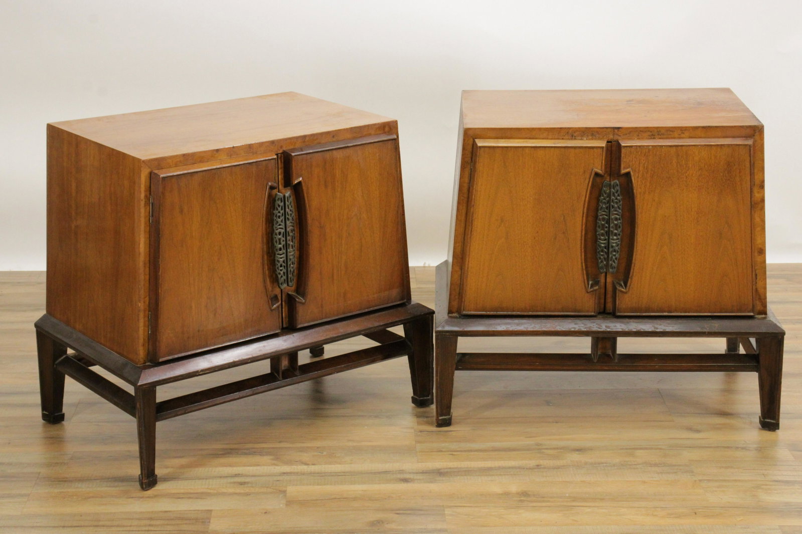 Pair Mid Century Modern Helen Hobey Night Tables: Pair of MCM Night tables designed by Helen Hobey, c.1960, interior label Albe Furniture Factory, 2132 1st Avenue (MORT148/2)(MM) Dimensions: 26 x 29 x 18 From a Connecticut Collector