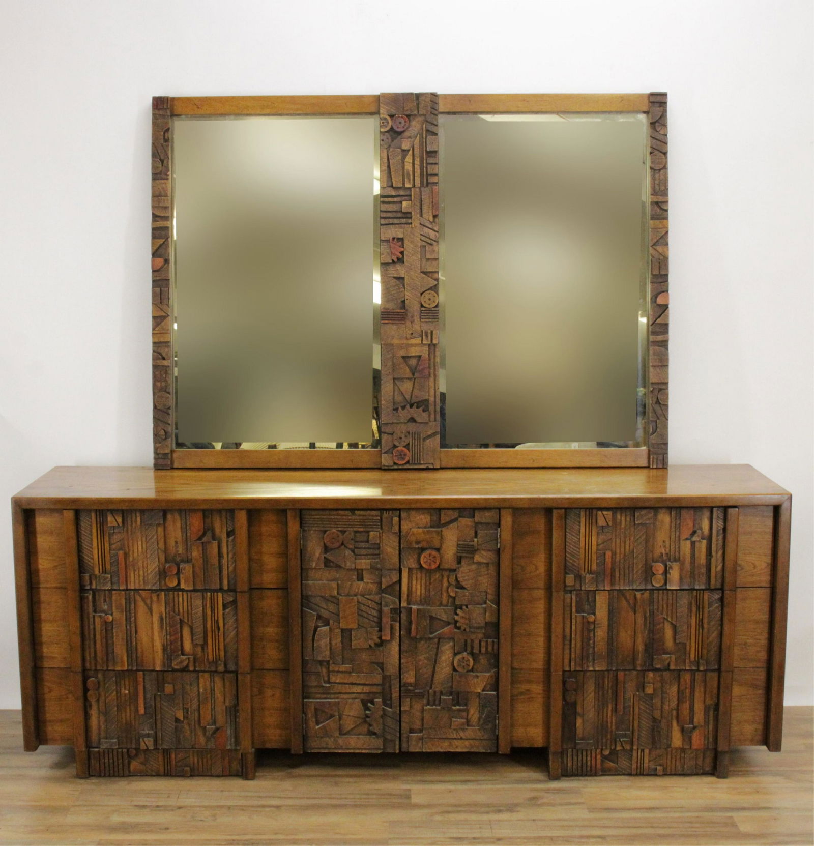 Modern Brutalist Carved Lane Dresser/Mirror (1 of 8)