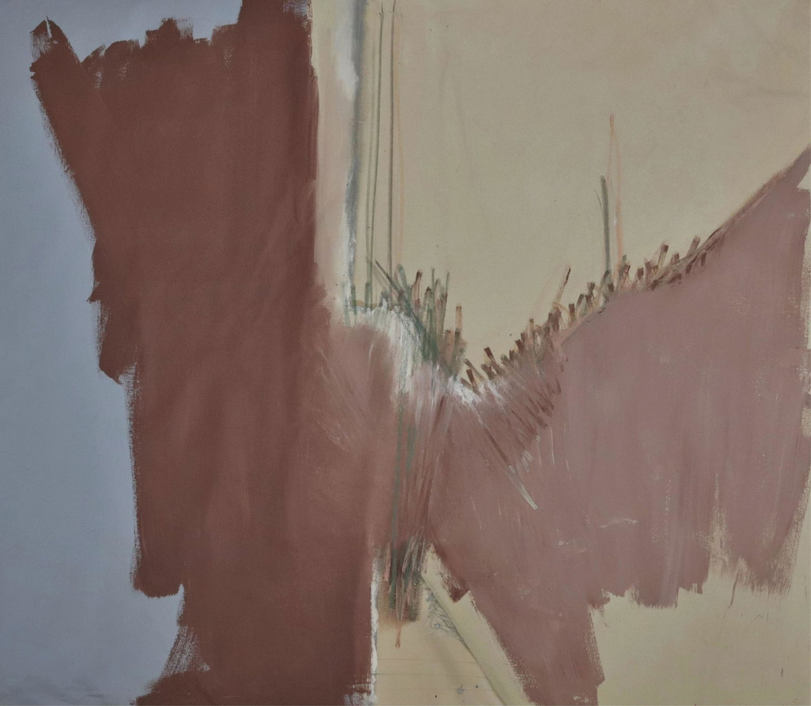 Ann Purcell - Early Morning Beach O/C: Ann Purcell (American, b. 1941), Contemporary abstract oil on canvas titled 'Early Morning Beach'. Signed Purcell verso, dated 1975. Also signed and dated in margin. (DHAM12)(EL) Dimensions: about 66